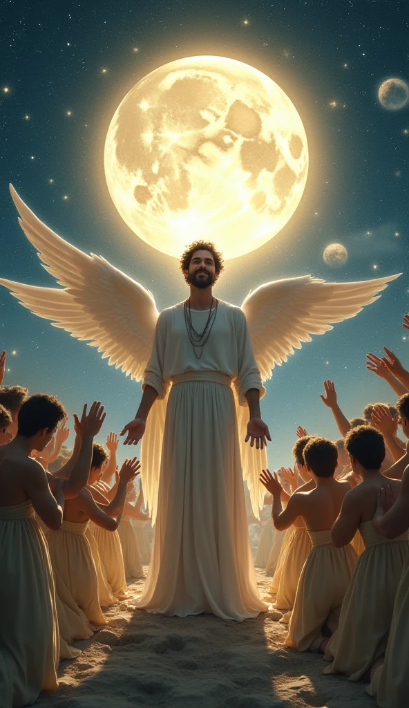Raising a black man with short, curly hair with angel wings going to heaven and his 3 daughters, one with long, black curly hair, another small, white child and the oldest daughter with curly hair on earth, wishing a happy father&#39;s day 