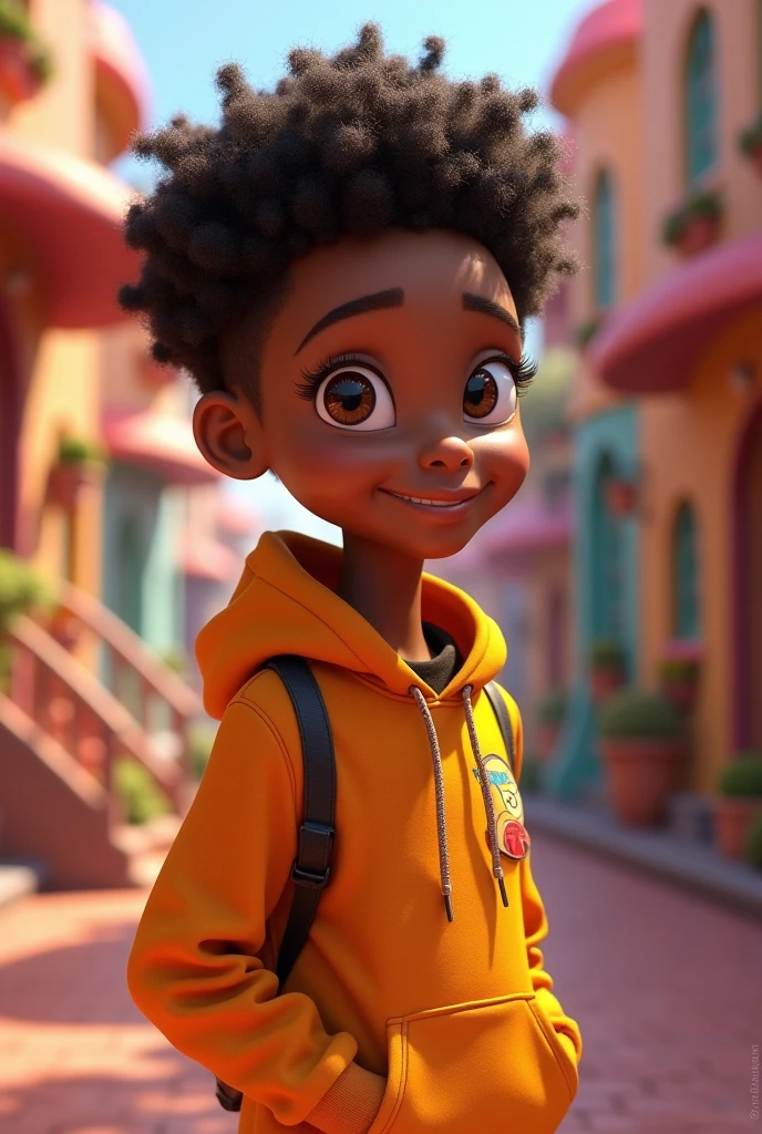 A Pixar black boy wearing a red hoodie with afro hair in a dark street