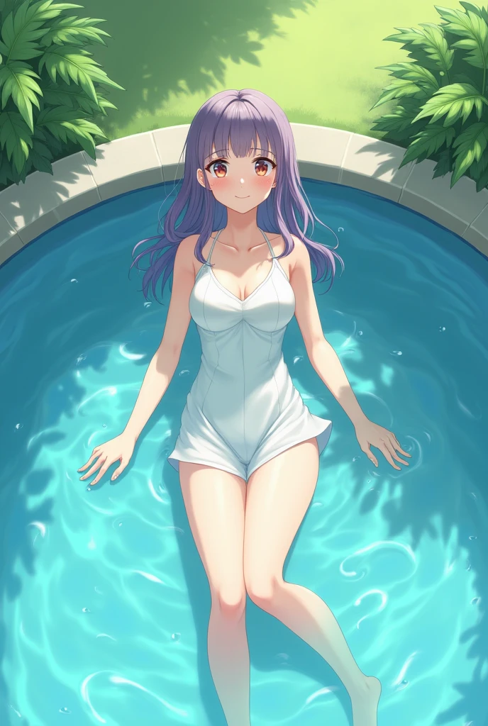 Masterpiece, best quality, sexy pose,  white swimsuit, show full body in water, beautiful legs, show vaginal rupture,,s, beautiful skin, hot naked, long straight purple hair, purple eyes,,in a hot spring, fairy garden on the background