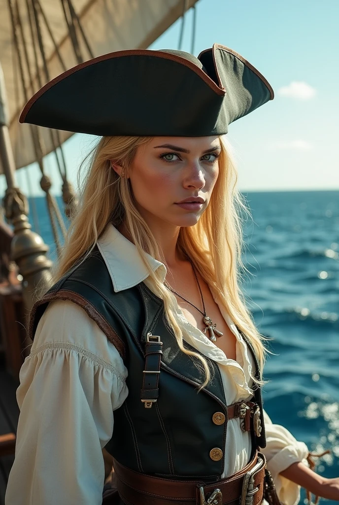 arafed woman in pirate costume standing on deck of ship, pirate queen, tom holland as a pirate, pirate woman, pirate clothing, pirate clothes, female pirate captain, a pirate, pirate, pirate themed, sea of thieves style, sydney sweeney, annasophia robb as aphrodite, on a pirate ship, inspired by Constance-Anne Parker