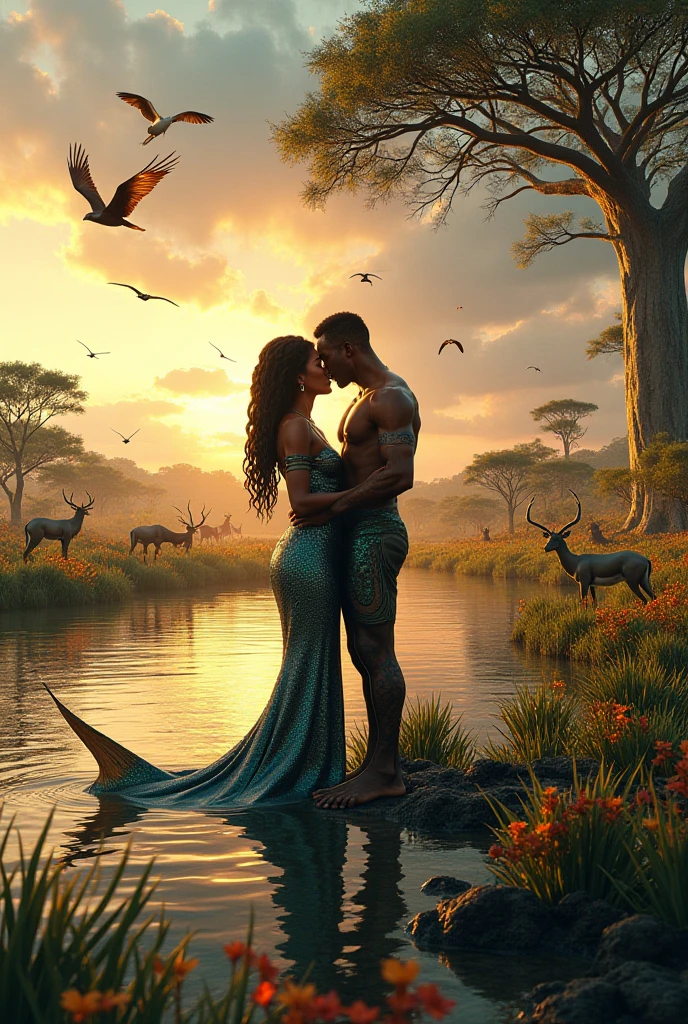 Loving couple in a skyscape, Young dark skinned couple in their 20s, At the Lake,Naked man and naked woman, He is a divine prince with long curly brown hair, She is a mixed race blonde princess with grey eyes., whole body, 8K, Very detailed, high quality, (Realistic:1.37), whole body, Ideal proportions and firm skin, Features with attention to detail, Unreachable beauty, perfection, Breathtaking elegance, g-curve, A goddess-like figure, Divine Symmetry, artistic masterpieces, Vivid realism, Very detailed carving, A creature-like shape, Truly awe-inspiring, perfectionな職人技, Pure brilliance, Heavenly Beauty, Delicate contours, Impressive pose, Sublime Beauty, Nuances, Dynamic configuration, Vibrant colors, perfectionな照明, Heartfelt Expressions, Celestial Aura, A commanding presence, Dreamy atmosphere, Unparalleled detailed octane renderings trending on Artstation, 8K Art Photography, Realistic concept art, 柔らかく自然なボリュームのある映画のようなperfectionな光, Chiaroscuro, Award-winning photo, masterpiece, perfectionな構成, Extremely detailed and intricately beautiful