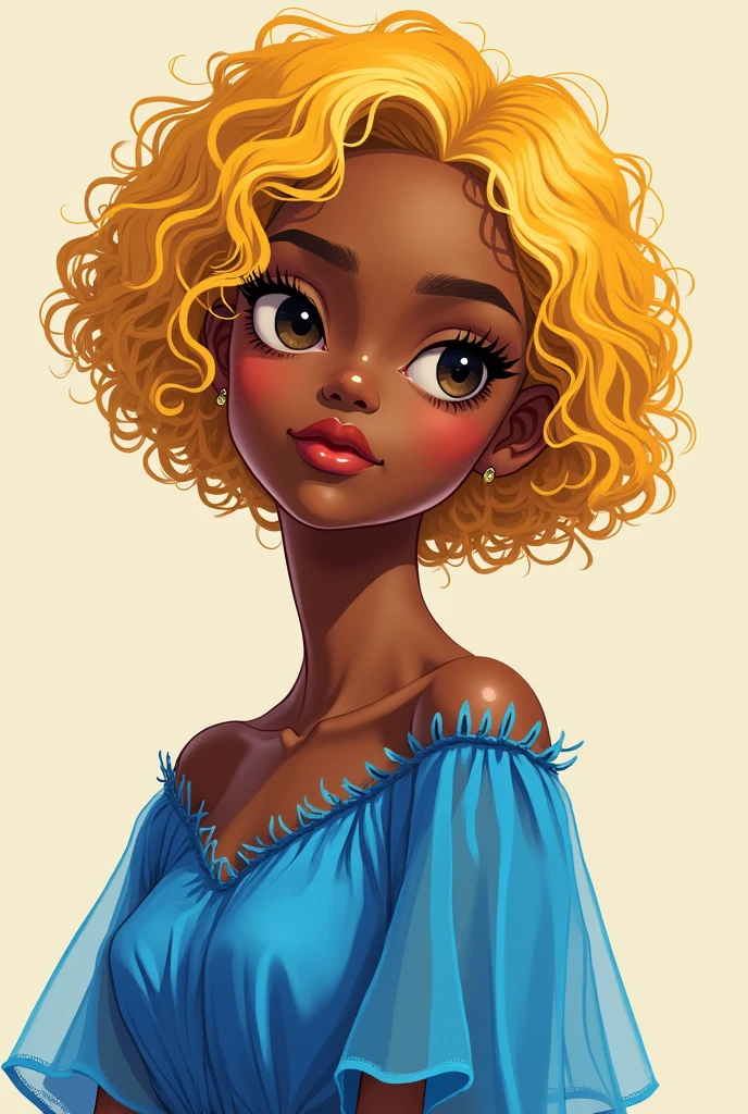 A full body of a Hispanic black women with curly Black and blonde front bangs that’s mid back length, hazel eyes, Wide hips, medium sized bust, big bubble butt, slight pooch on stomach, slim-ish waist, Have beauty mark near left eye, freckles on cheeks and breast, full lips, slightly thin eyebrows, full lashes, and light brown skin in a dark blue fitting dress.