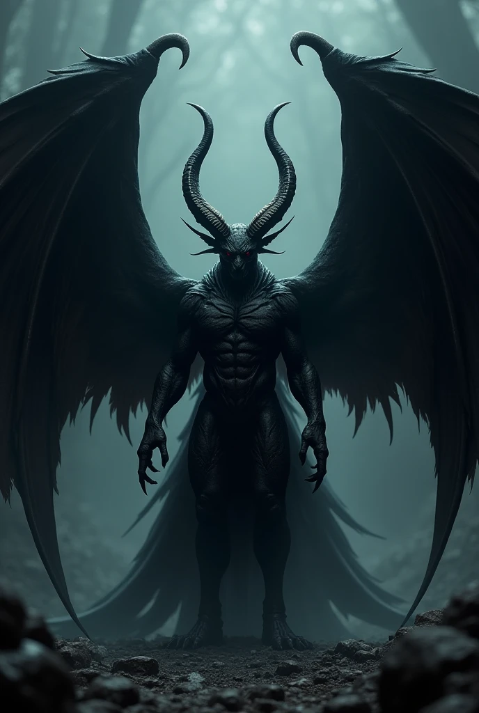 Create an image of a symmetrical figure with demonic wings and exposed anatomical details, standing in a majestic posture on a volcanic stone floor. The stage is illuminated by a reddish glow coming from a nearby lava river.. The overall tone conveys a mix of dark power and ancient mystery.. The wings of the figure are large and detailed, with almost realistic scales. The figure is standing with both arms extended to the sides., as if invoking a dark power. The reddish glow emits a dim light that slightly illuminates the figure's head.. The color palette consists of dark and muted tones., predominantly black and dark red. The wings are pearly black., contrasting with the dark background. The figure's skin is a greyish tone, almost translucent, standing out in the gloomy surroundings. The floor is a pattern of black and red volcanic stone, and the lighting is soft and diffuse, creating deep shadows and a mysterious atmosphere. The background is dark and hazy, adding an air of introspection and mystery to the scene, recalling the intense and supernatural atmosphere of 'Constantine'