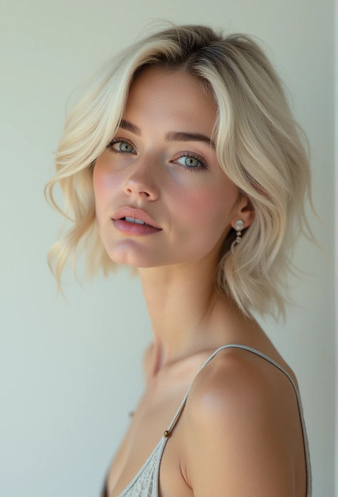 RAW photo, best quality, masterpiece, photorealistic, 18 years old, Kristina Pimenova, solo, light gray eyes, light gray hair, short straight bob cut, Symmetrical eyes, medium breast, like a model, looking at viewer, fullbody, Attractive body lines