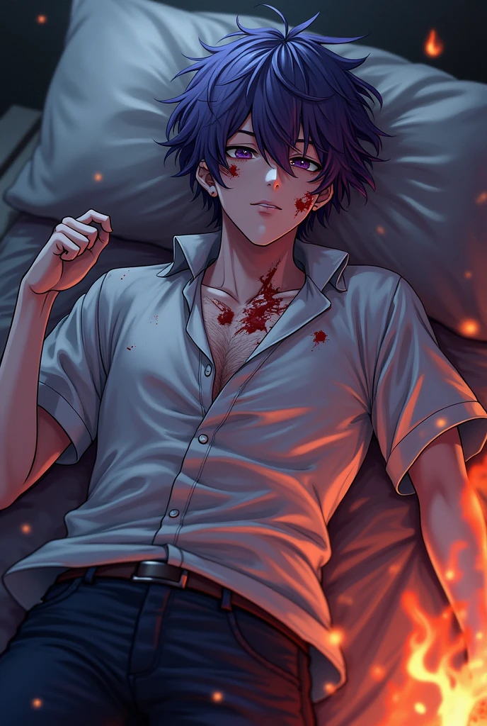 19 years old anime boy stabbed and heavily bleeding in stomach, lying on bed and treating wound himself, massive bleeding