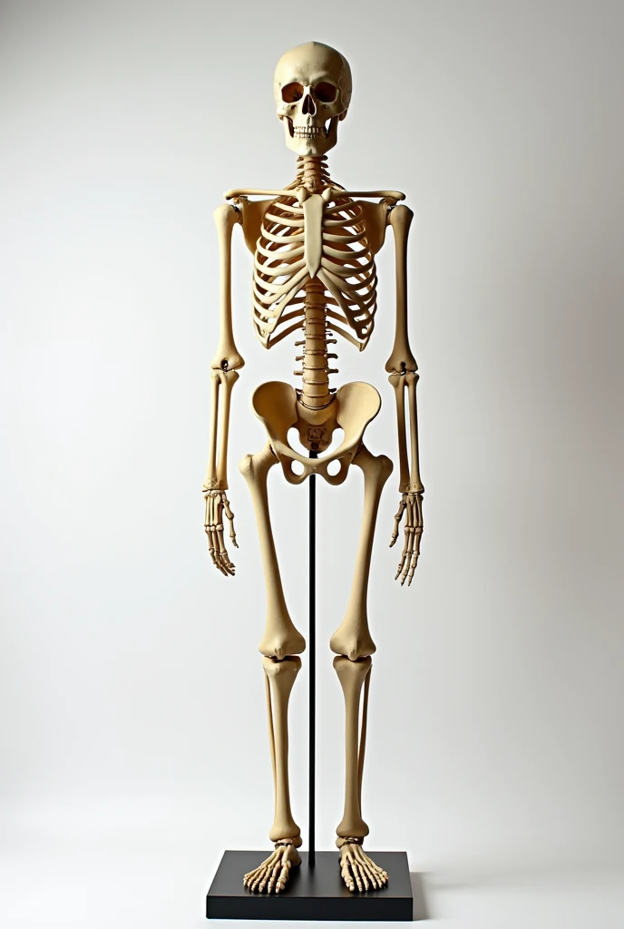 Here is the full-body view of a human skeleton model in a Japanese science classroom, showing the skeleton from head to toe with detailed labels for different bones. The background includes typical classroom features such as a chalkboard with diagrams, lab tables, and educational posters. The model is standing upright on a metal stand, and the lighting is bright, creating a well-organized and educational environment.