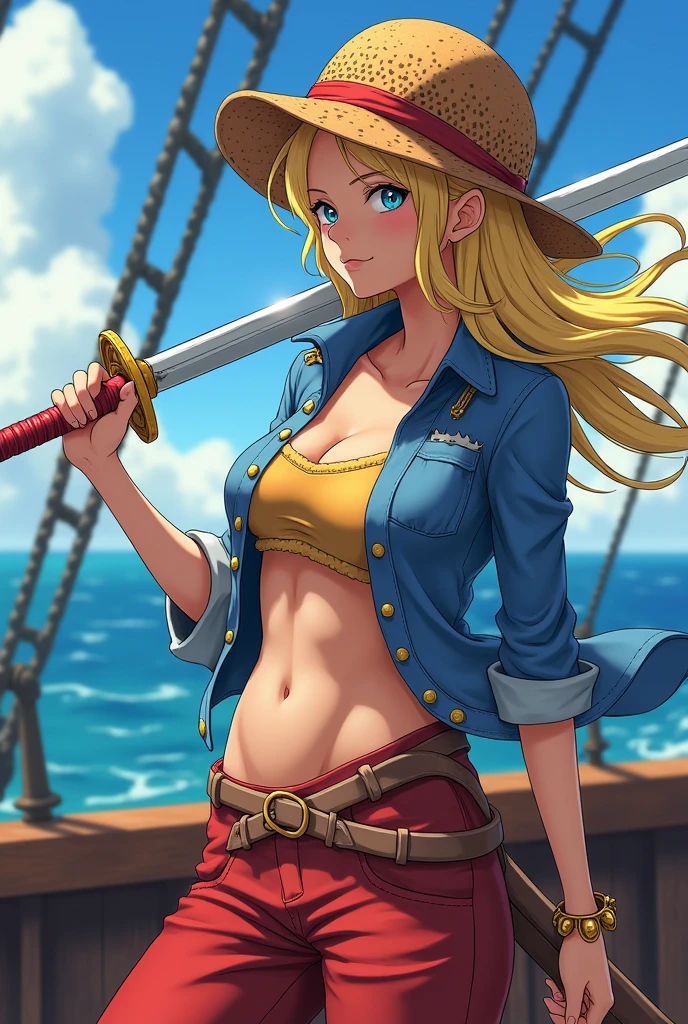 Make me a One Piece panel of a woman with blonde hair and orange ends, with dark blue eyes