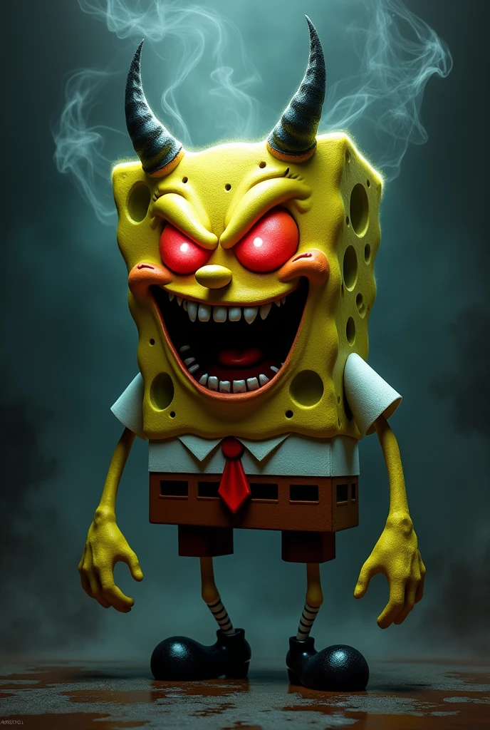 Satanic sponge bob, dark horror style, artwork by moebius