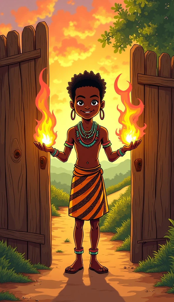 Pop art cartoon style in front of a wooden gate on a dirt road Foguinho, black African boy  with tribal clothes He is the personification of light ,  of optimism and hope .  Even though he is mischievous ,  wants to unite , Heal and do good . Your ability to "Turn on"  fireballs in his hands to illuminate others with kindness and bright and saturated colors in a pop art style.  The lines must be narrow with fireballs exploding in the air in the center  