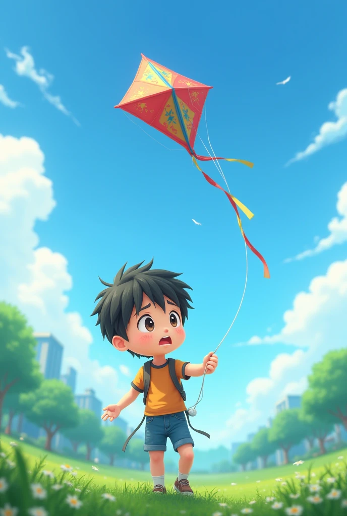 His kite was built with multicolored silk paper and strong threads.