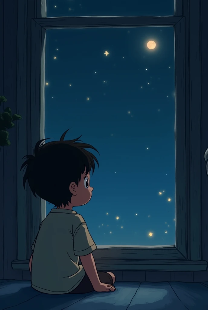 Create a cute chubby anime boy in a warmly lit room, sitting on the bed, looking at the starry night sky through the wooden window, Outside is a rice field swaying in the wind., there are some houses in the distance