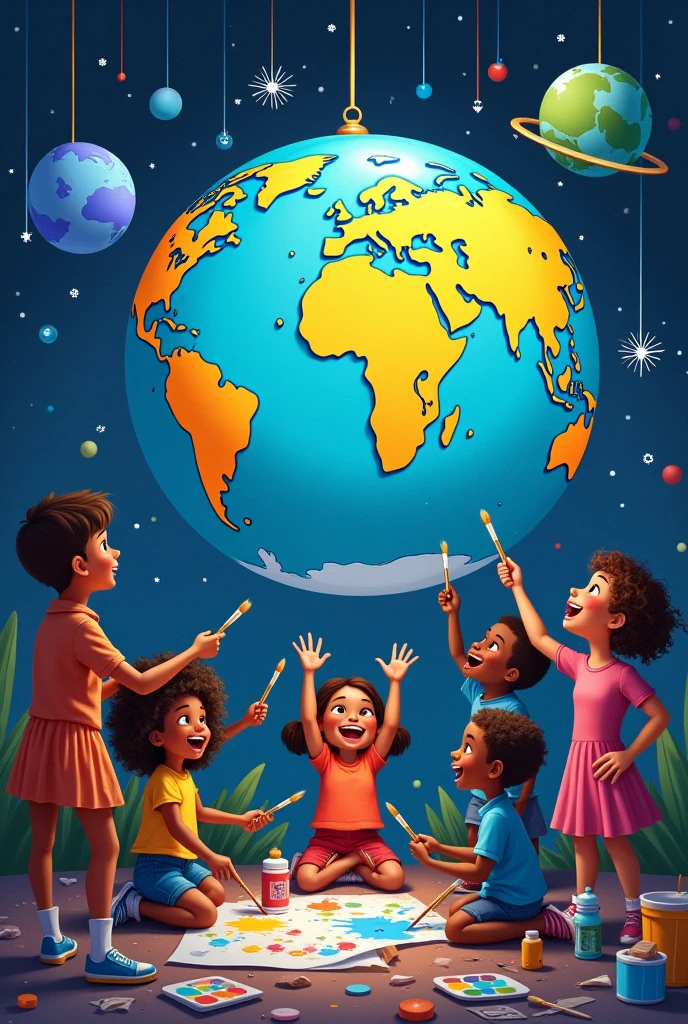 Pixar style children lying down and reading a book with the planet Earth behind them