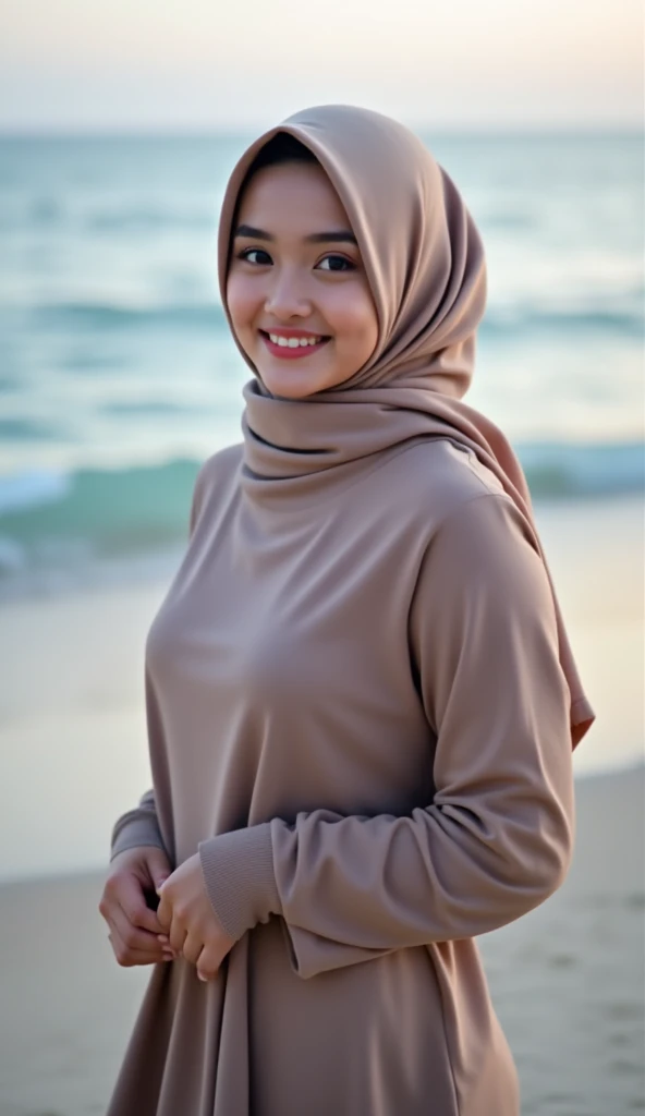 close-up of beautiful Indonesian woman, ) wearing long hijab, walking on the beach, mountain background, UHD