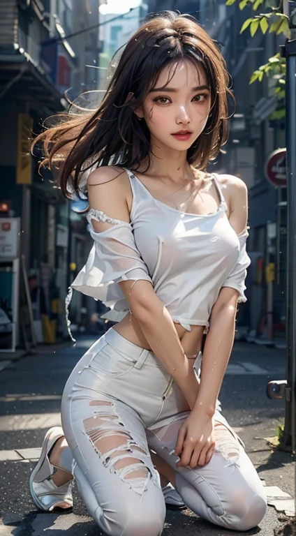 Beautiful woman with wavy hair, delicate and charming eyes, thigh notch, sexy long legs, t-shirt in small shorts, beautiful futuristic cyberpunk + city, mist, damp, rain, best quality masterpiece, realistic, detailed, 8k, HDR, shallow depth of field, wide light, high contrast, backlight, flood, flash, chromatic aberration, sharp focus, RAW color photo