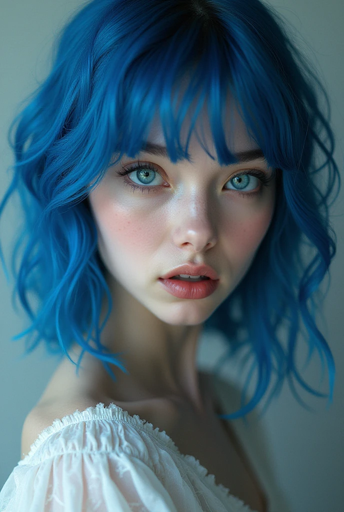 a young woman of 25 years old, 1.75 meters tall, with vibrant blue hair, standing full body in a chiaroscuro studio, blue eyes, completely nude, with a seductive expression, (best quality,4k,8k,highres,masterpiece:1.2),ultra-detailed,(realistic,photorealistic,photo-realistic:1.37),highly detailed face, extremely detailed eyes and face, beautiful detailed eyes, beautiful detailed lips, long eyelashes, intricate detailed skin, seamless skin, flawless skin, cinematic lighting, dramatic lighting, dramatic shadows, dramatic atmosphere, vivid colors, warm color tones