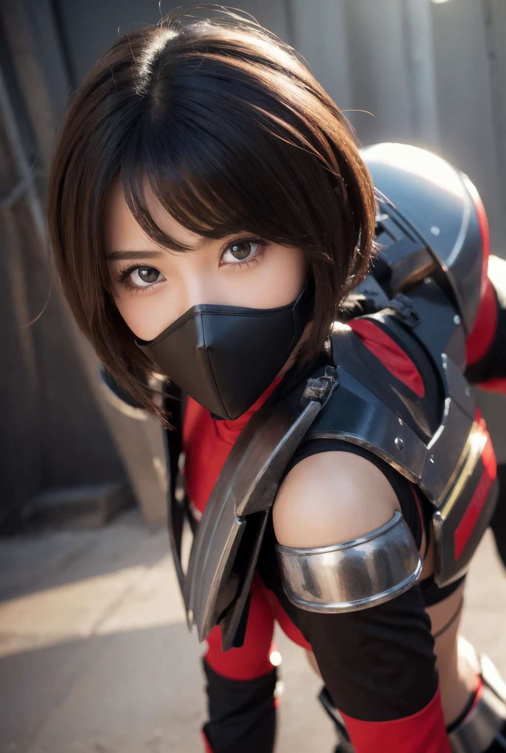 extremely detailed CG unity 32K wallpaper, top quality, masterpiece, raw photo, photorealistic, highest resolution, professional photo, dynamic, cinematic lighting, (Japan in 19th century, science fiction:1.4), steampunk, Edo Period, sharp focus, depth of field, (perfect body, correct anatomy:1.5), intricately detailed face, expressive face, POV, (from front:1.3), 1 girl, Japanese woman, ((female warrior of Tokugawa Shogunate:1.3)), solo, cowboy shot, black hair, ponytail, ultra-realistic skin, detailed skin, tan, (dark and bright eyes:1.4), highly detailed nose and lips, (innocent face:1.2), ((red samurai armor:1.5)), (slender, beautiful breast:1.5), ((powered suit:1.4)), perfect body proportion, the girl's body is highly weaponized, (((in combat with hostile army:1.2))), (((holding an anti-tank rocket launcher, shooting the anti-tank rocket launcher:1.5))), (((outdoor, battlefield, vandalize town, noon:1.3)))