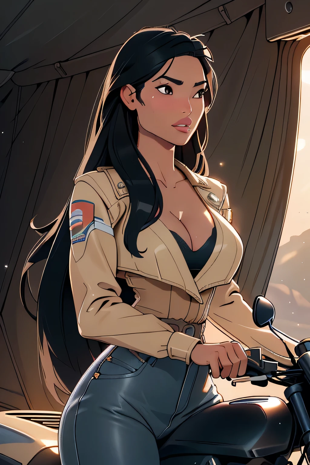 1girl in, 18, Pocahontas Waifu, photo of perfect woman, miniature ferry, Solo, Aesthetic artwork, (long hair, very long straight black hair:1.25), (clear skin, tanned skin, large breasts, DD-cup, runners body, very thin waist, skinny, petite, detailed skin texture), (cleavage, focus on breasts:1.2), ((she is wearing a Biker Clothes, leather riding jacket, Riding a motorbike, Sweet Shy Face, Relaxed and beautiful face, perfect lips, Military base, military tent, military Jeep, (extremely detailed 8k wallpaper), evening outdoor lighting, (extremely detailed 8k wallpaper), soft lighting, high quality, film grain, Fujifilm XT3 sharp focus, f 5.6, 50mm, High Detail, Sharp focus, (natural light), crazy details, complex details, hyper detailed. (cowboy photo:1.2), light particles, sfw