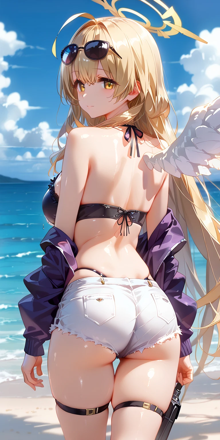 ((Best Quality)), ((masterpiece)), (detailed), 1 girl, with white leotard, long blond hair, green eyes,angel wings on the back, tanned skin, big breasts,sitting, crossed legs,((Whole body)), ((right side profile view))..