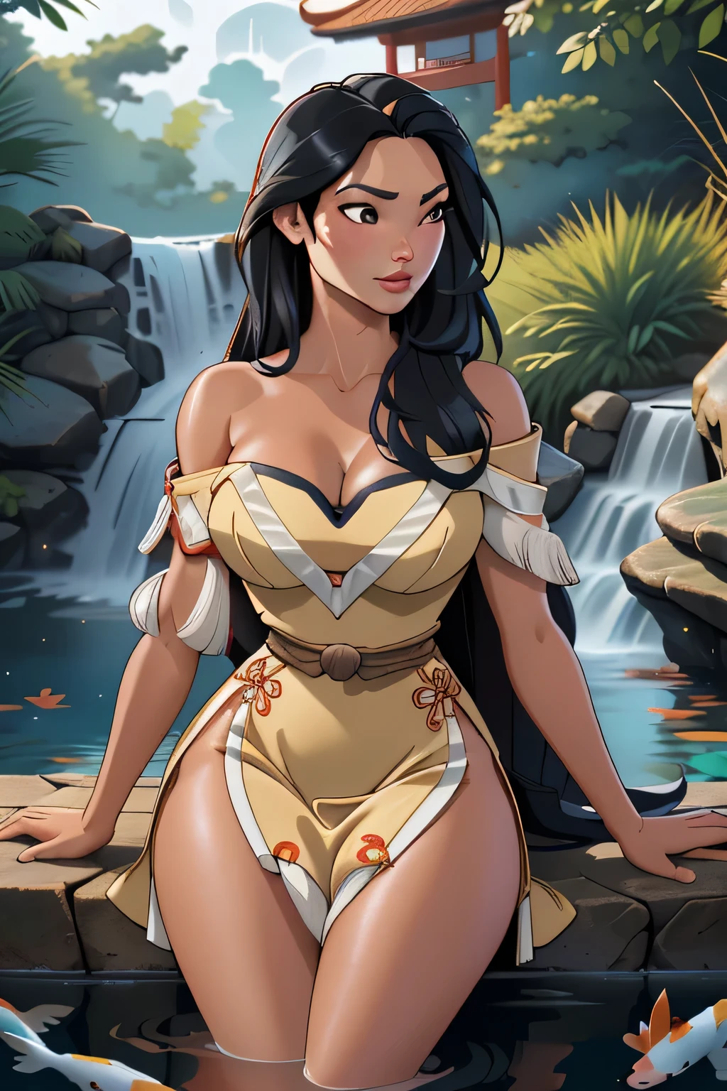 (masterpiece), best quality, expressive eyes, perfect face, front lighting, (outside japanese garden background), (standing), (happy face), (cleavage view), (1girl, milf, Isabela Merced, latina, dark skin, tan skin, tanned skin, tanned, tan, black hair, wavy hairstyle, brown eyes, hourglass figure, thin body, skinny body, petite_body, medium breasts, wide hips, thick thighs), (traditional japanese aqua kimono dress, aqua kimono dress, strapless, long sleeve, exposed cleavage, jewelry, necklace, bracelets, earrings),