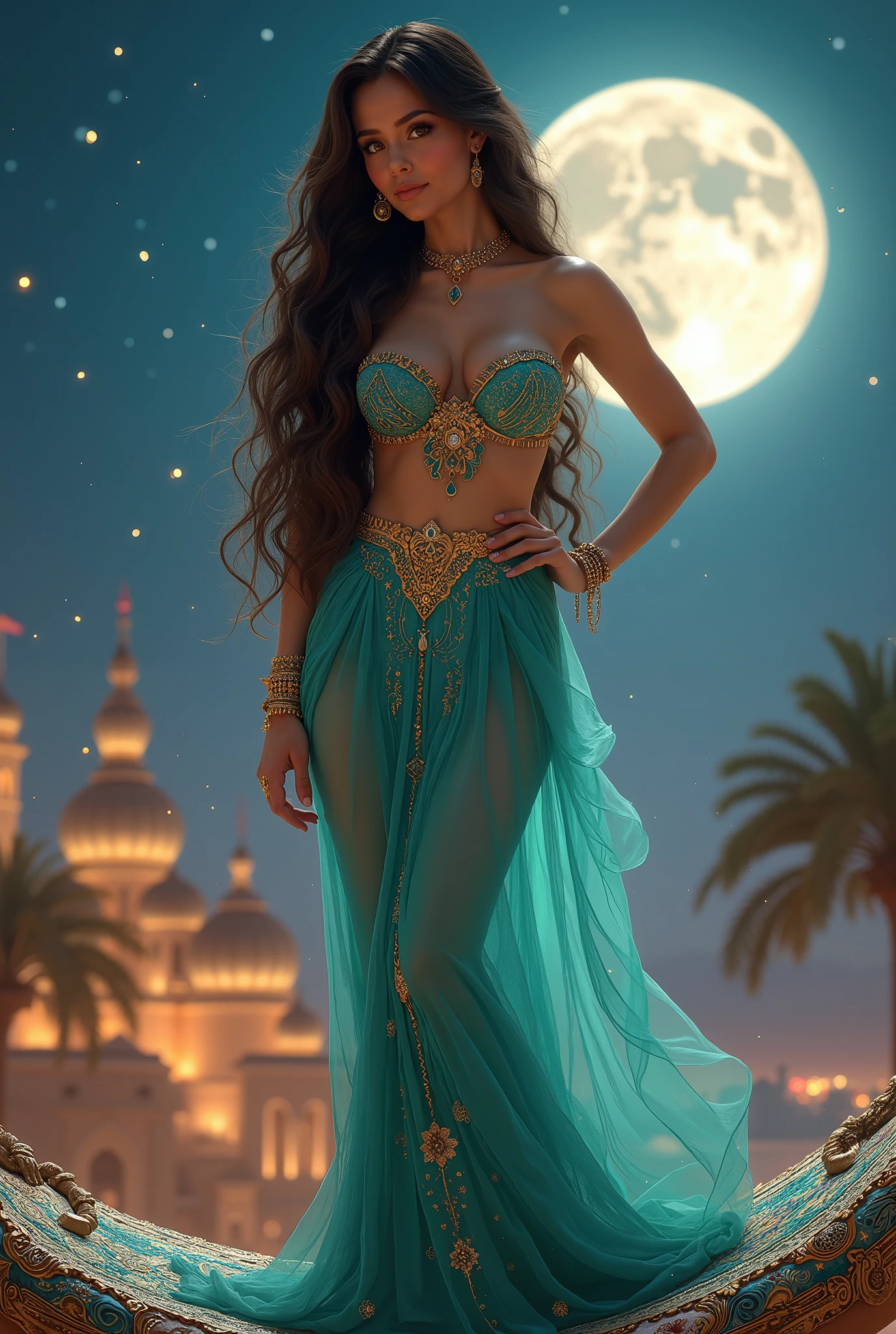 Mix between Selena Gomez and Jenna Ortega, chef-d'œuvre incomparable, ultra-réaliste, 8K, Éliana Morel, influenceuse virtuelle incarnant une héroïne inspirée de Jasmine. Éliana arbore une chevelure brune, longue et soyeuse, légèrement ondulée, tombant en cascade sur ses épaules. Ses yeux noisette scintillent avec une intensité chaleureuse, renforçant son allure royale et confiante.
**Détails de la tenue :**
Éliana porte une tenue turquoise élégante, composée d’un haut ajusté et d’un pantalon fluide brodé de fils d’or et de motifs orientaux. Les manches transparentes et les accessoires scintillants ajoutent une touche sophistiquée. Elle est parée de bijoux dorés, dont un collier délicat, des bracelets ornés de pierres précieuses, et une tiare fine qui repose sur son front.
**Scène et posture :**
Elle est représentée debout sur un tapis volant qui flotte doucement au-dessus d’un palais somptueux. Une main repose élégamment sur sa hanche, tandis que l’autre effleure le bord du tapis. Son expression reflète à la fois l’émerveillement et la confiance, capturant la magie du moment.
**Ambiance et arrière-plan :**
Le ciel nocturne est éclairé par des milliers d’étoiles et une pleine lune brillante. En contrebas, le palais d’Agrabah brille de mille feux, ses dômes dorés scintillant sous les lumières de la ville. Des palmiers bordent l’horizon, ajoutant une touche exotique au paysage.
**Éléments magiques :**
Le tapis volant est orné de motifs complexes et semble émettre une lueur subtile, amplifiant son aspect mystique. Des particules lumineuses flottent dans l’air autour d’Éliana, créant une ambiance féerique et captivante.
**Paramètres :**
Photographie ultra-réaliste, 8K, textures riches et détaillées, couleurs vibrantes et harmonieuses, rendu HDR. Éliana incarne une princesse courageuse et élégante, éblouissante dans une scène magique et inspirante.