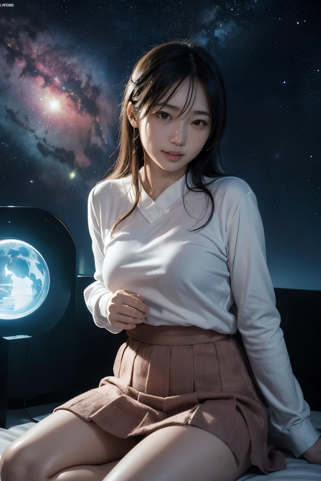 muste piece, best quality, (highest quality、8K、masterpiece:1.3)、ultra high resolution、Physically based rendering、(photorealistic：1.37)、beautiful woman with perfect body:1.4、slim abdomen:1.2、Highly detailed face and skin texture、 red cheeks、white skin、thin waist,thin legs、highest quality,very beautiful 12 year old girl, (cute:1.2),perfect shiny skin,((Precise hands without any discomfort)), brown hair,(short twin tails),(((I see Cheb)))、(((full nude)))、(((Standing on the space station)))、(((smile)))、