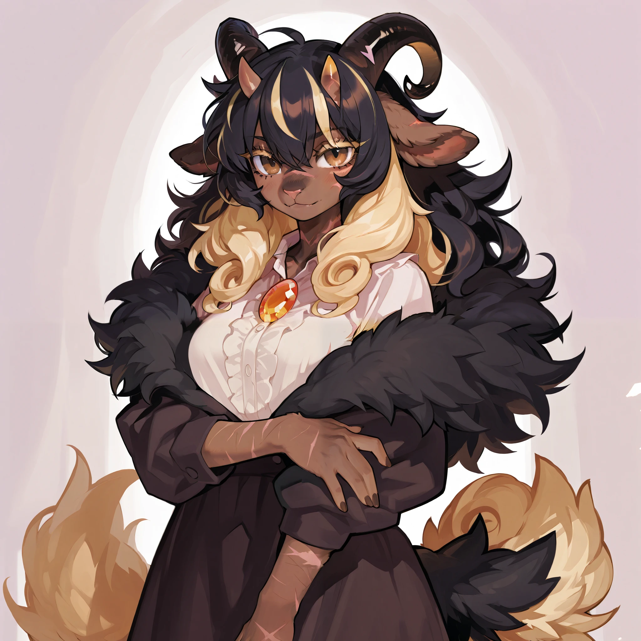 A satyr woman with short horns curly long black hair with blonde streaks brown skin brown eyes with thick long lashes scars goat features curly fur goat tail decorated with crystals solo, in college.