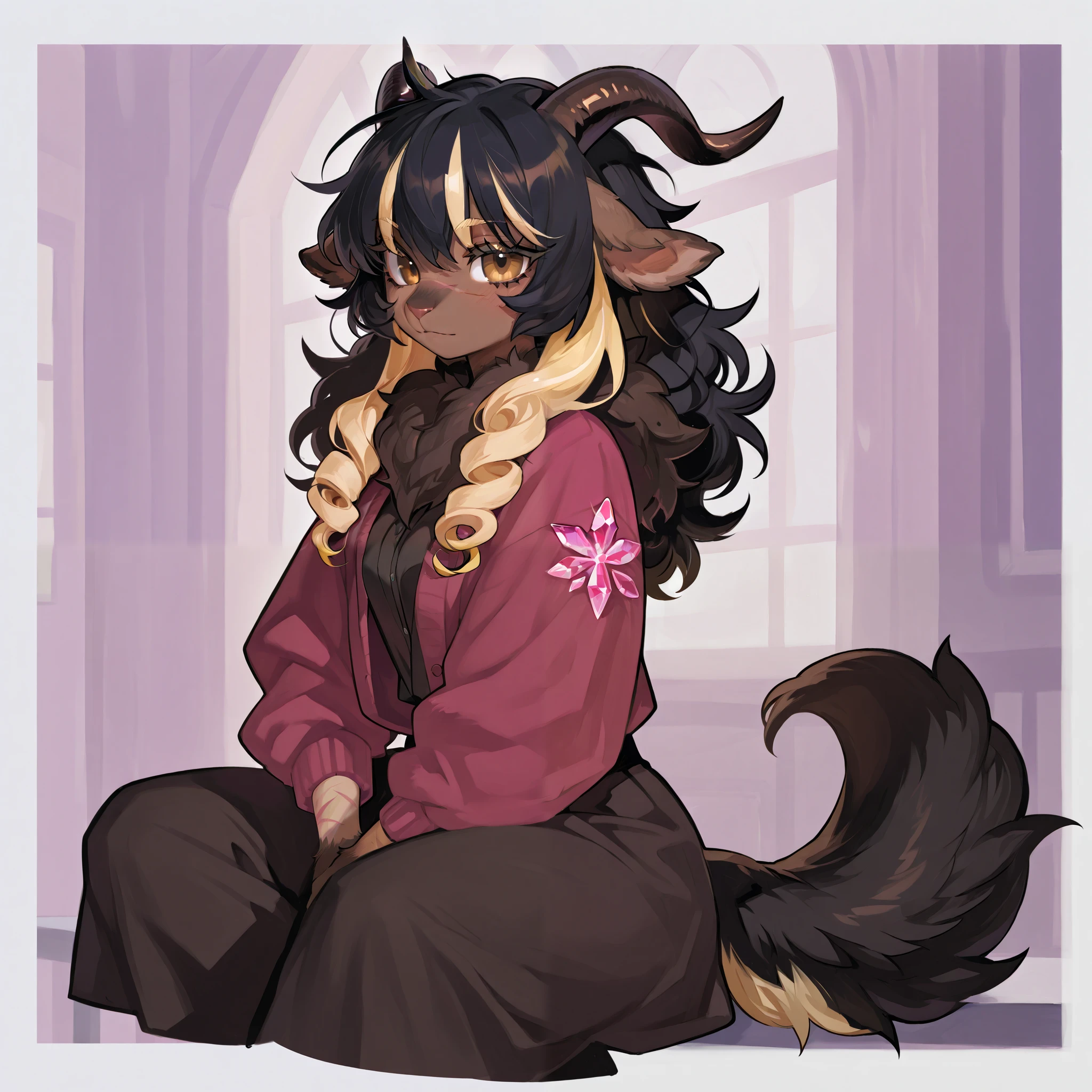 A satyr woman with short horns curly long black hair with blonde streaks brown skin brown eyes with thick long lashes scars goat features curly fur goat tail decorated with crystals solo, in college.