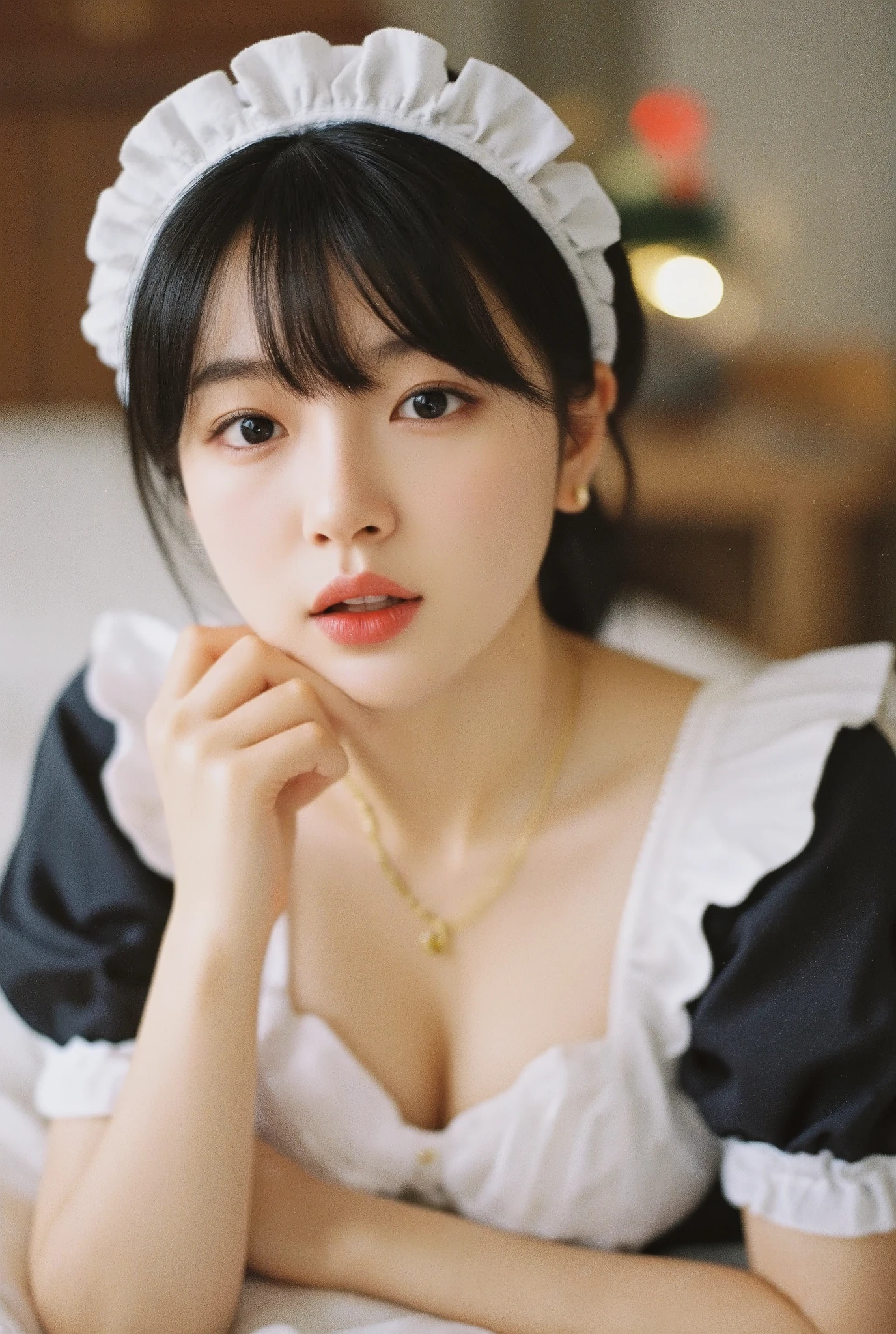 ((top quality)), ((masterpiece)), (Details),one Japanese girl, age 18,japanese idol face,droopy eyes,smile ,open mouth,look at me ,black tying hair, white skin ,french maid costume,ribbon accents,cleavage, small gold earrings,small gold necklace,(accurate anatomy:1.3),sexy pose on bed,in a room decorated for xmas,faceshot,
