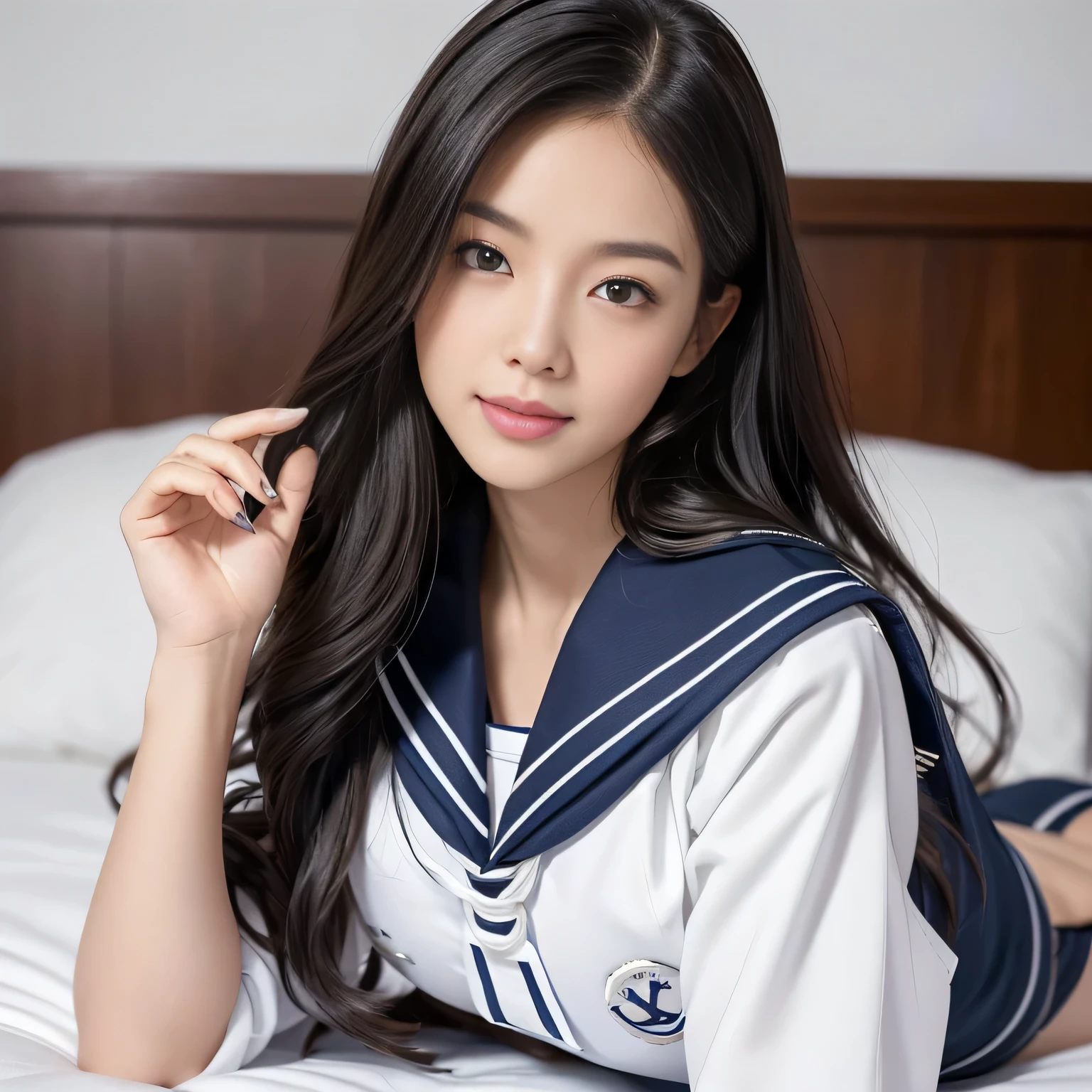 Full-body shot, Realistic japanese girl, Cute expression, Long brown hair, Brown eyes, Large breasts, Innocent charm, Youthful appearance, Realistic features, Subtle smile, Brown hair flow, Soft lighting, Expressive gaze, sailor school uniform, sailor collar, short skirt, panties, cleavage, black kneehigh socks, legs lifted up, feet, lying on bed, Gentle demeanor, Realistic skin tones, realistic hair texture, Authentic charm, Relaxed pose, Subdued colors, Realistic lighting, Soft shadows, Artistic realism, Realistic proportions, Human connection, Approachable aura, True-to-life beauty, Detailed realism, Gentle sophistication