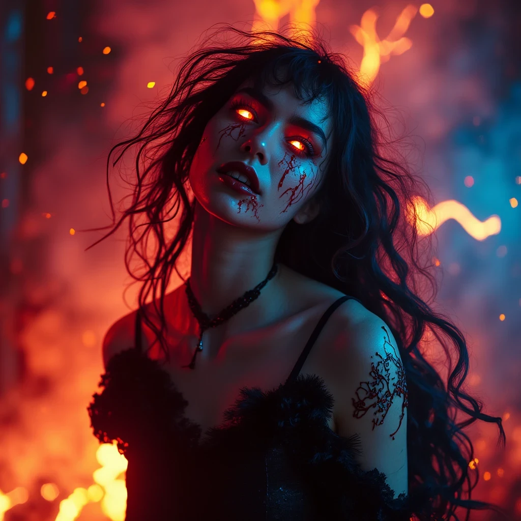 1girl, flying hair, red eyes, fire witch, blood on face, light particles, lightning rays, wallpaper, colorful, high contrast, vampire, smirk, evil smile, psychopathic smirk, psychopathic smile, tilted head