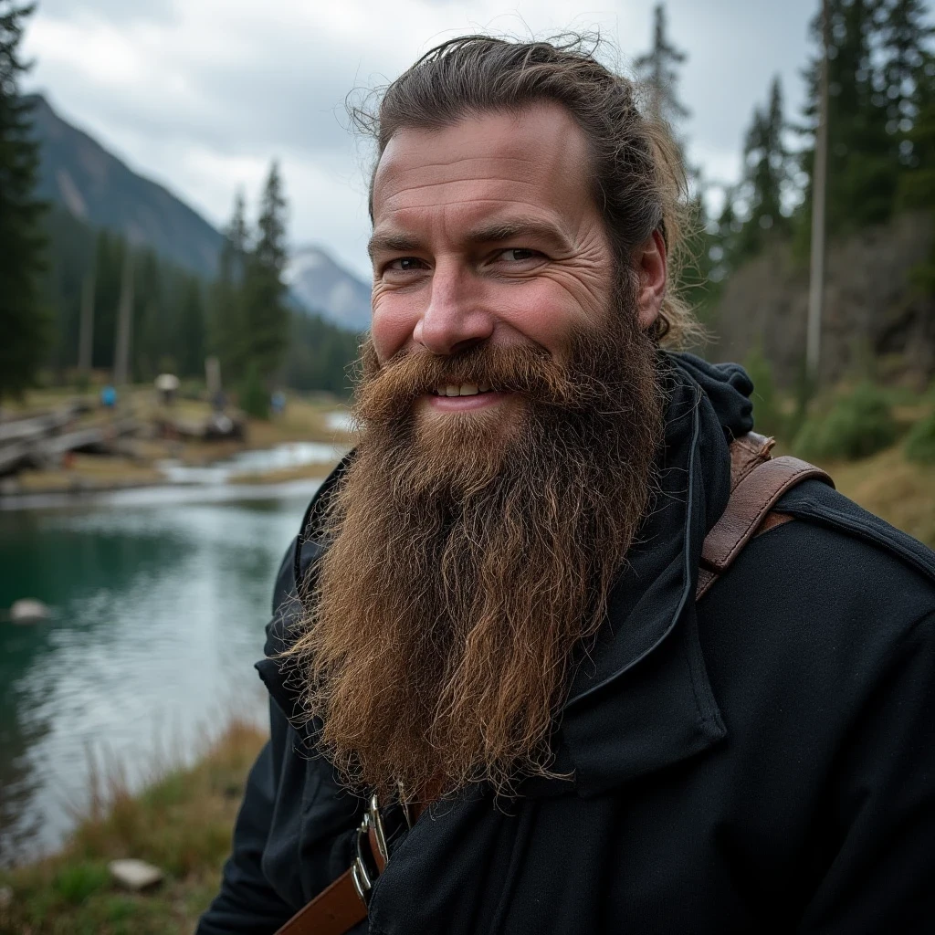 A man with brown hair, 40 years old, ((Viking beard), (((upper body portrait, happy)), nature, lake on the mountain, (((cloudy weather)), ((late afternoon)), ((black clothing), pine trees at the foot of the mountain, cold clothes, realistic lighting, realistic shadows, ultra realistic, photorealistic, 8K, Full HD