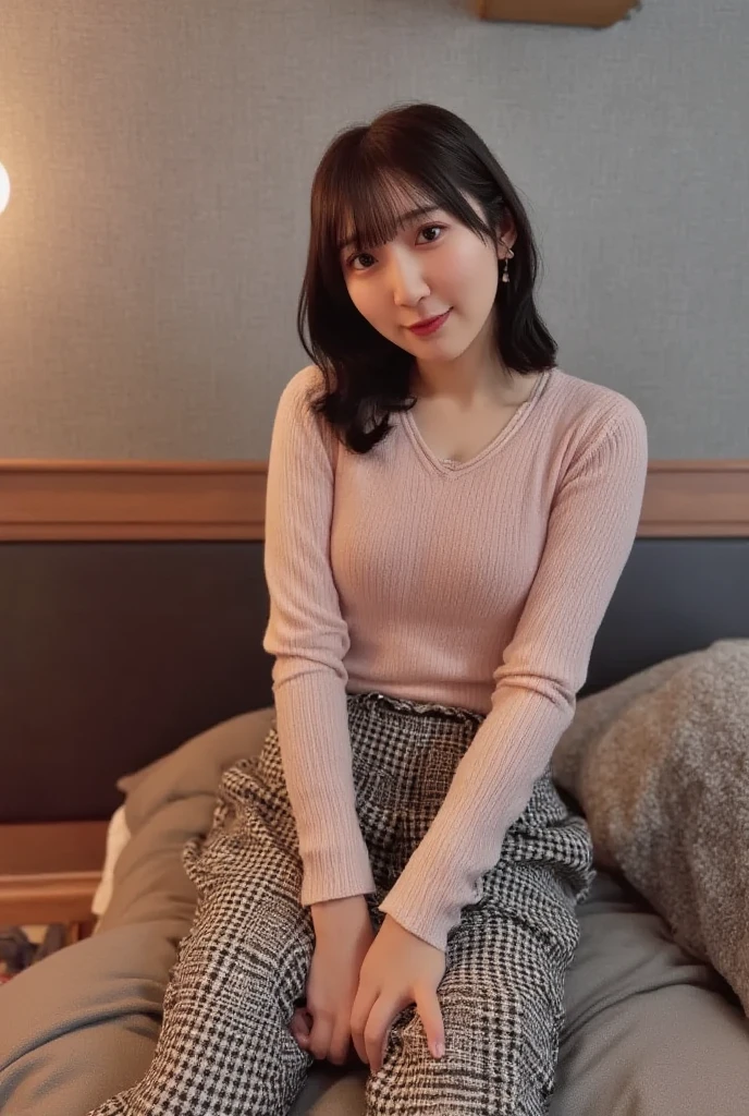 ((wearing a thin long-sleeved sweater、,Wearing small plain high-leg pants、Detailed panties、thighs thighs thighs thighs:1.2))、Moe Sleeve、(realisitic、Photorealsitic、ultra-detailliert、Highest Details Skins、top-quality、masterpiece、超A high resolution)、Cute Japan Woman、22age、younggirl、I have bangs、Wang Ren、二重まぶた、drooing eyes、Large black eyes、Japanese style face、Cute smile、Charming、purity、Straight face、double tooth、View here、Realistic skin type、the skin is pink、Pubic hair is mostly brown、Nipples are large、Pants are completely visible from the hem of the sweater