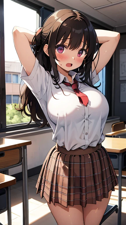 Ultra realistic , three girls, obra maestra, mejor calidad, alta calidad, defined, detailed, HD, (piel morena), ojos definidos, ojos cafes intensos, long eyelashes, small mouth, sonrisa, :D, very long hair, pelo liso, pelo oscuro, cuerpo reducido, bosom barely contained, big breasts, sexy, posando foto, estudio, mini skirt rosa, sin sostenes, no bra, excitada, pezones erectos, libros, sentada, leyendo, nice view, full body, nice body, pink, camisa blanca, camisa ajustada, abierto, mojada, sudada, caliente, tight, sonrojada, nice legs, no socks, sin flequillo, peinada hacia atras, teacher big breasts, pose lasciva, girl changing clothes, petites, no skirts, horny, one topless