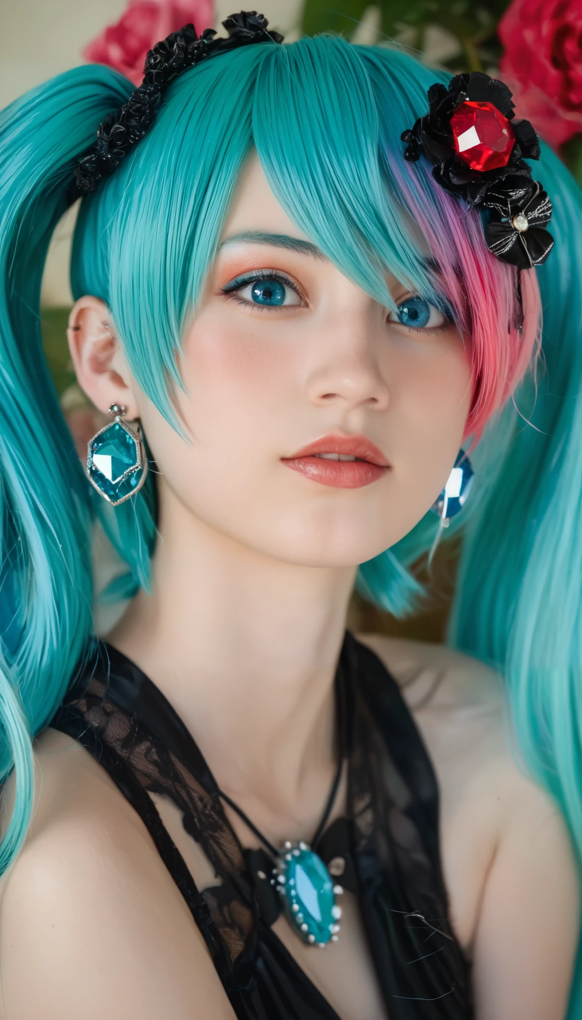  RAW photo、 realistic、reality oriented 、 hair ornament、 earrings、Goth_punk,  1 girl, Alone,、 best quality ,  realistic,  Super Delicate Illustration , beautiful and attractive girls,  Hatsune Miku,  slender body,  knotted hair,  One Girl,  pictures of girls ,   full body shot ,  kissed by her beautiful blue eyes ,  hair ornament、gem、 Hatsune Miku、 RAW photo、Masterpiece:1.5、 best quality 、Ultra high resolution、Medium depth of focus、Film Category、