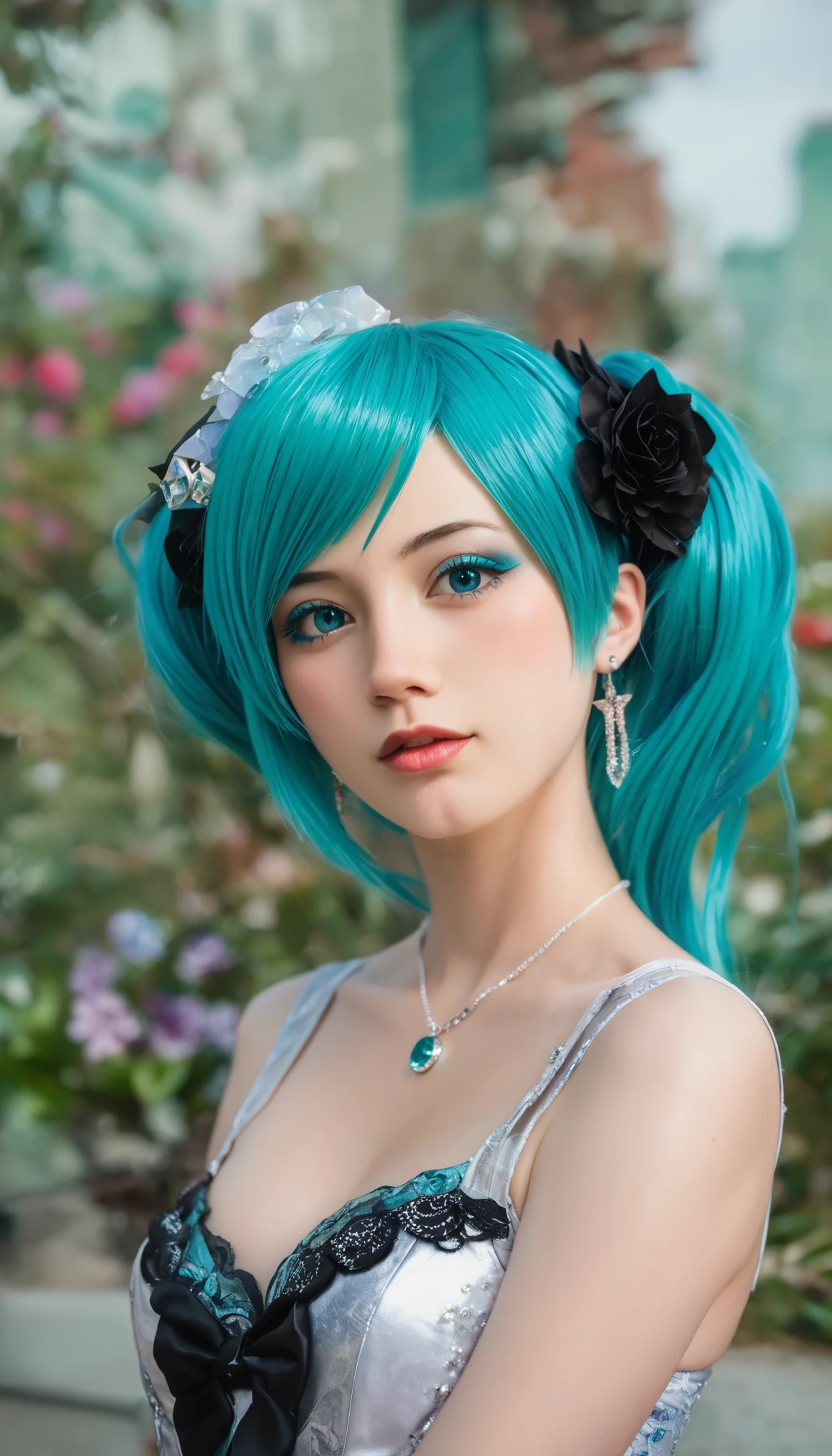  RAW photo、 realistic、reality oriented 、 hair ornament、 earrings、Goth_punk,  1 girl, Alone,、 best quality ,  realistic,  Super Delicate Illustration , beautiful and attractive girls,  Hatsune Miku,  slender body,  knotted hair,  One Girl,  pictures of girls ,   full body shot ,  kissed by her beautiful blue eyes ,  hair ornament、gem、 Hatsune Miku、 RAW photo、Masterpiece:1.5、 best quality 、Ultra high resolution、Medium depth of focus、Film Category、