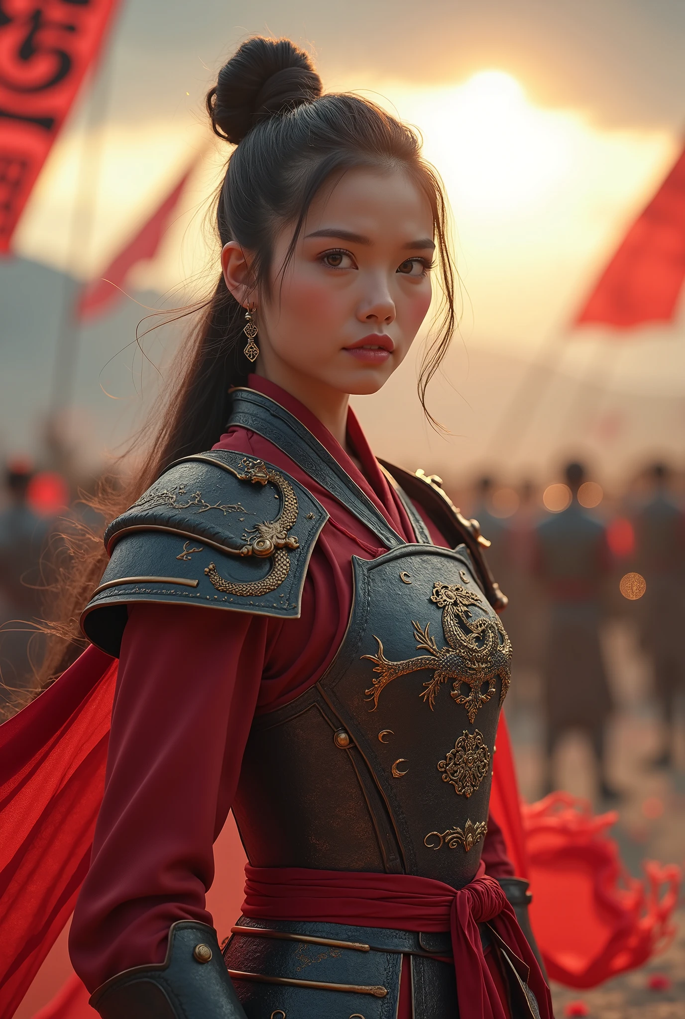 Mix between Selena Gomez and Jenna Ortega, chef-d'œuvre incomparable, ultra-réaliste, 8K, Éliana Morel, influenceuse virtuelle incarnant une héroïne inspirée de Mulan. Éliana arbore une chevelure brune soigneusement attachée en une queue haute élégante, laissant quelques mèches encadrer son visage. Ses yeux noisette brillent de détermination et de courage, reflétant son rôle de protectrice.
**Détails de la tenue :**
Éliana porte une armure légère en métal sombre, rehaussée de détails en rouge et or, symbolisant son héritage et sa bravoure. Une ceinture de tissu rouge ceint sa taille, et des motifs de dragons sont gravés sur son plastron. Elle tient une épée longue et finement ornée dans une main, tandis qu’un casque est posé à ses pieds.
**Scène et posture :**
Elle est représentée debout sur un champ de bataille, entourée de montagnes lointaines et d’une armée prête à avancer. Une posture droite et fière, son regard fixe un objectif lointain. Sa robe traditionnelle, visible sous son armure, ajoute une touche de grâce et de féminité à son apparence.
**Ambiance et arrière-plan :**
Le ciel est dramatique, marqué par des nuages sombres et des rayons de soleil perçant à travers. Une bannière rouge, flottant au vent, porte des symboles traditionnels chinois. La terre sous ses pieds est poussiéreuse, parsemée de fleurs de cerisier tombées qui contrastent avec l'intensité du décor.
**Éléments magiques :**
Des pétales de cerisier dansent dans l’air autour d’elle, créant une ambiance poétique. L’épée dans sa main émet un léger reflet doré, symbolisant la puissance et l’honneur. Un dragon miniature, semi-transparent, peut être vu flottant discrètement à ses côtés, renforçant son lien avec la légende.
**Paramètres :**
Photographie ultra-réaliste, 8K, textures détaillées, couleurs vibrantes mais équilibrées, rendu HDR. Éliana devient une guerrière intrépide et élégante, incarnant l’esprit de Mulan avec force et grâce dans un univers légendaire.