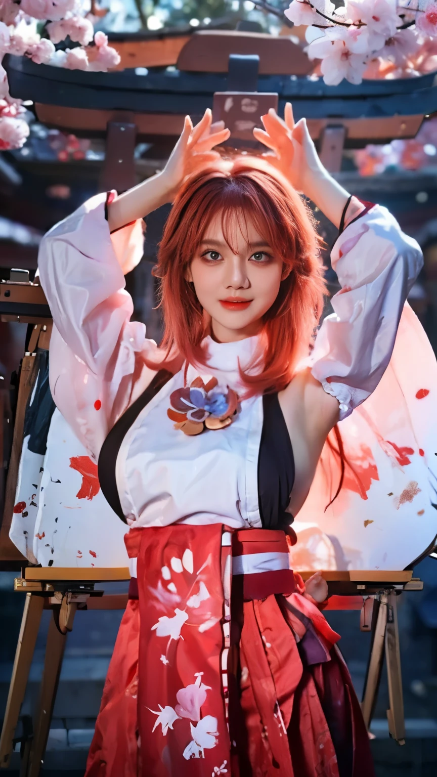 1girl, (ulzzang-6500:0.7), kpop idol, yae miko, detached sleeves, bare shoulders, pink hair, long hair, japanese clothes, best quality, (painting:1.5), (hair ornament:1.35), jewelry, purple eyes, earrings, breasts, torii, cherry blossoms, lantern light, depth of field, detailed face, ribbon_trim, (looking at viewer:1.25), nontraditional miko, shiny skin, long sleeves, smile, thick lips, game cg, hands on lips, east asian, standing, full body, (huge breasts:1.2),(arms up showing armpits)
