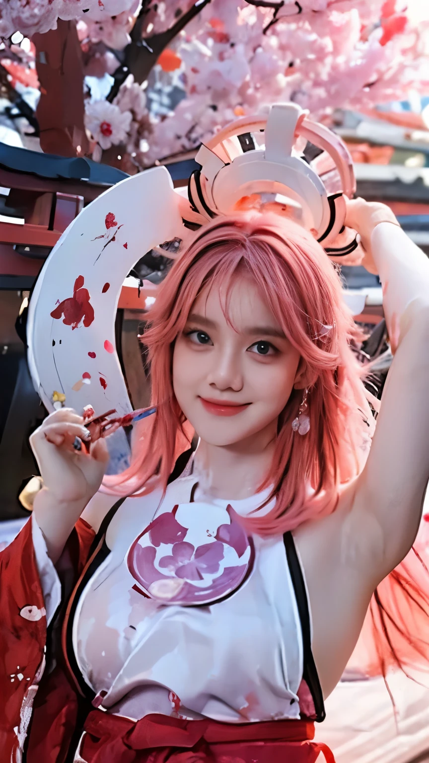 1girl, (ulzzang-6500:0.7), kpop idol, yae miko, detached sleeves, bare shoulders, pink hair, long hair, japanese clothes, best quality, (painting:1.5), (hair ornament:1.35), jewelry, purple eyes, earrings, breasts, torii, cherry blossoms, lantern light, depth of field, detailed face, ribbon_trim, (looking at viewer:1.25), nontraditional miko, shiny skin, long sleeves, smile, thick lips, game cg, hands on lips, east asian, standing, (huge breasts:1.2),(arms up showing armpits)