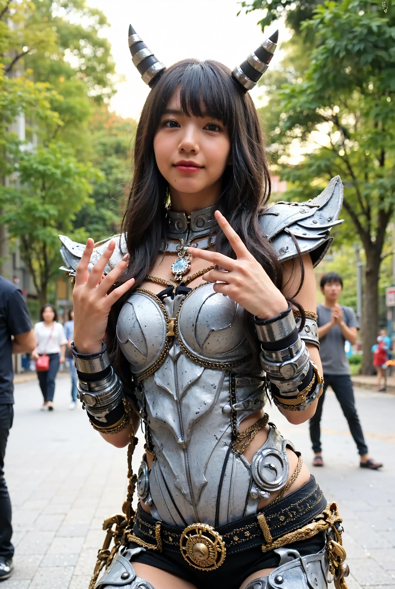 (Completely live action:1.37), (Amazingly realistic textures:1.37), (masterpiece, best quality:1.2), (8k uhd, 16k, 32k, ultra high res), amazingly realistic skin, amazingly realistic photo, superrealism, (photorealistic:1.37), (RAW photo), ultimately realistic, (ultimately realistic all details), (ultimately realistic all textures), super realistic lighting, super realistic shadow, (japanese girl:1.5), (realistic idol face), smiling, happy, super realistic face, ultimately realistic skin, ultimately realistic eyes, (mascara:1.35)ultimately realistic background, ultimately realistic detail up, (kkw-ph1:1.25), (Canon EOS R6, 85mm, 1/200s, f/5.6, ISO 1600), (tattoo), (mechanical armor:1.37), (blue eyes:1.2), (silver hair:1.3),