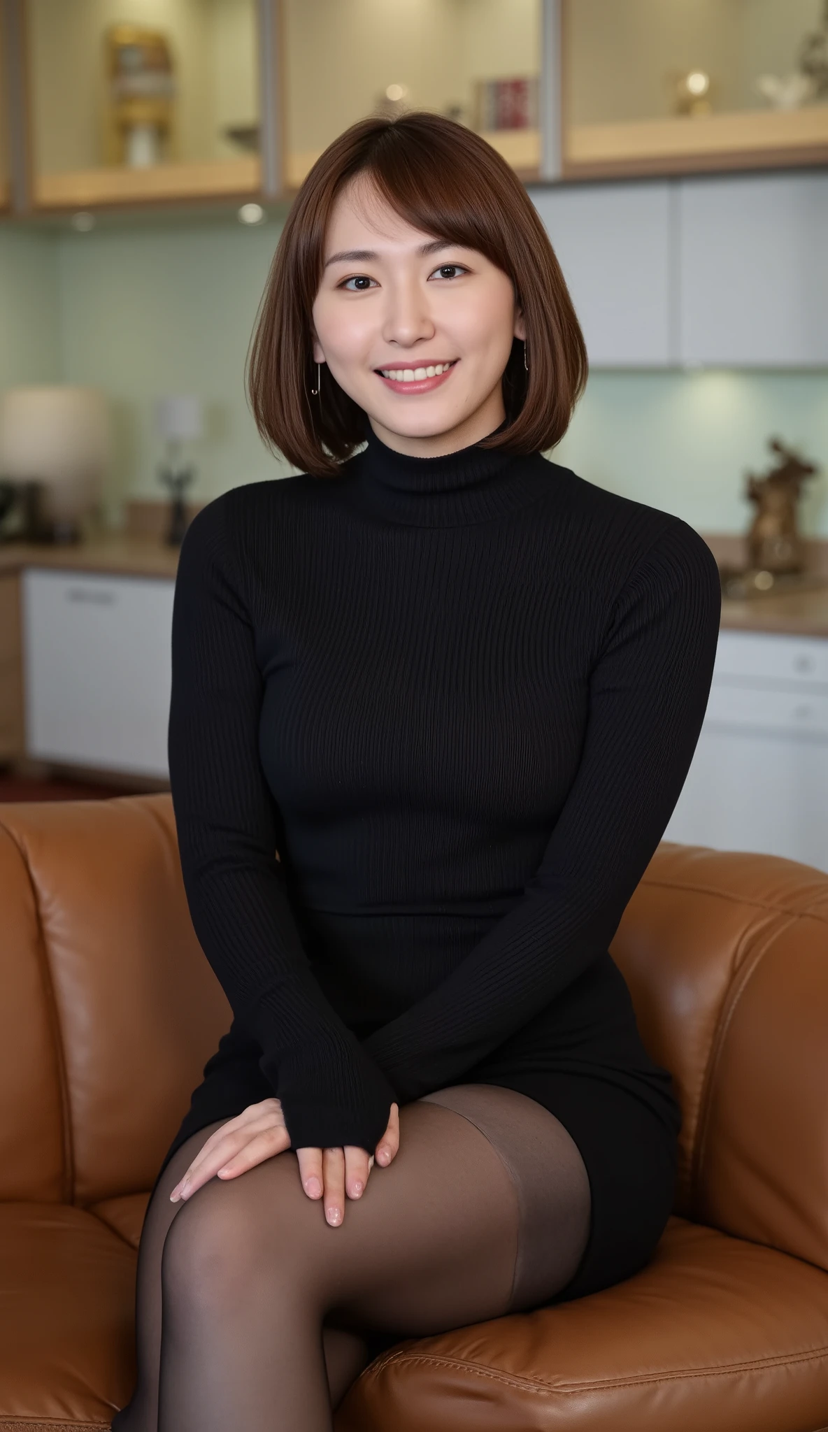 The high resolution photograph of a Japanese adult woman, masterpiece, best quality, extremely detailed, intricate details, photo-realistic, professional lighting, sharp focus, 8K, solo, 1girl, an elegant lady, a tall woman, slender body, detailed face, detailed eyes, sophisticated nose, (big smile), (tight-fitting rib-knit dress, long sleeve dress, sheer black pantyhose), (sitting on a luxury sofa, crossed legs:1.2), seductive pose for gravure photography, front view, perfect composition, perfect anatomy, perfect hands, indoors, gorgeous living room, high society,