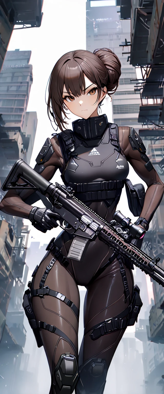 Rainbow Six
Eliza Cohen(ash)
black cap
Big 
grenade launcher
black tights
black body armor
sunglasses
full-body shot
city
