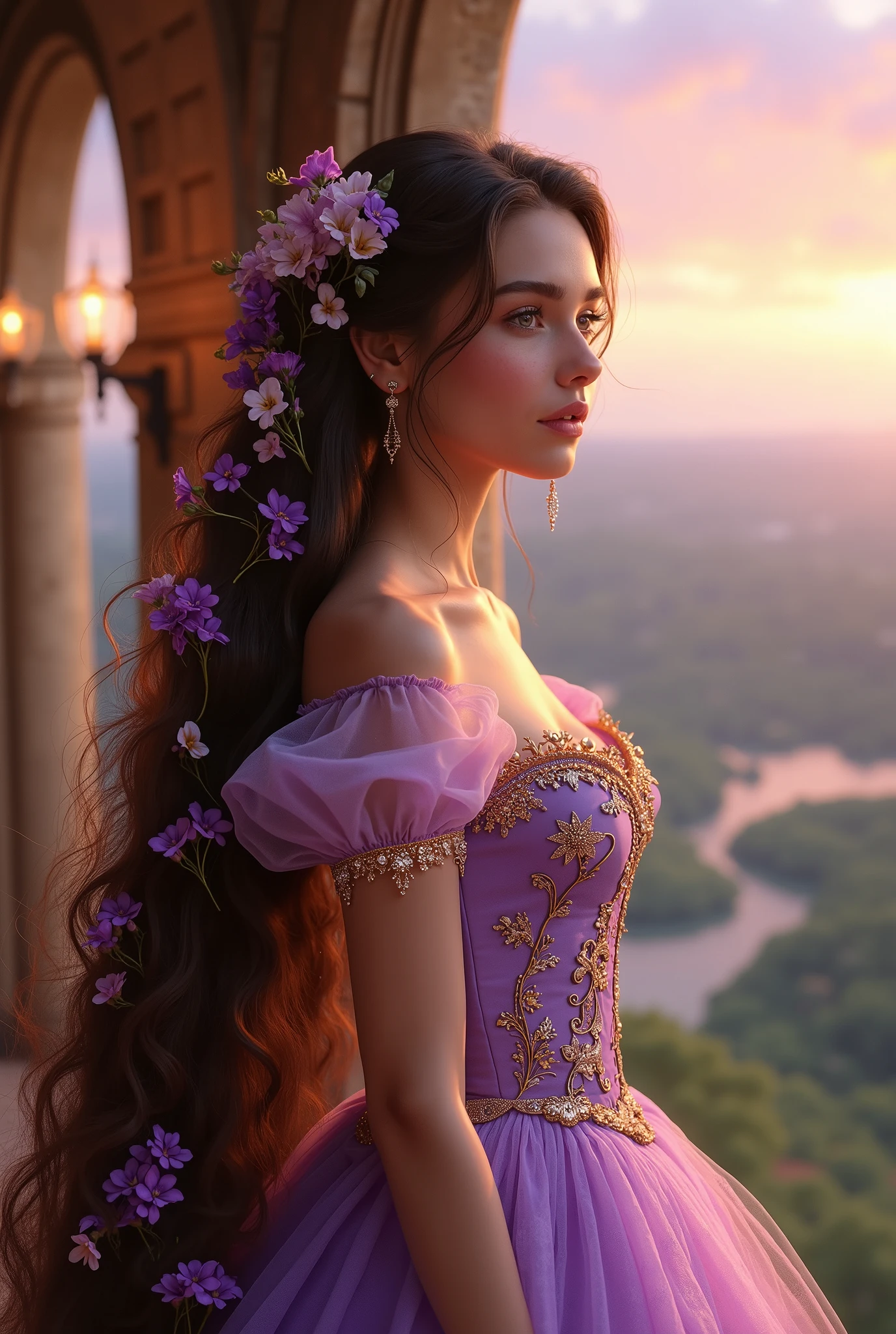 Mix between Selena Gomez and Jenna Ortega, chef-d'œuvre incomparable, ultra-réaliste, 8K, Éliana Morel, influenceuse virtuelle incarnant le charme et l'éclat d'une princesse inspirée de Raiponce. Éliana arbore une chevelure exceptionnellement longue et ondulée, brun chocolat avec des reflets dorés, descendant en cascade autour d'elle. Des fleurs délicates et colorées, comme des violettes et des marguerites, sont tressées dans ses cheveux, ajoutant une touche féerique.
**Détails de la tenue :**
Éliana porte une robe de princesse dans des teintes violettes et lilas, ornée de broderies dorées délicates. La robe, cintrée à la taille, est dotée d’un corset finement décoré et de manches bouffantes semi-transparentes. De légers éclats dorés illuminent les motifs floraux de la robe, renforçant son allure royale et magique.
**Scène :**
Elle est représentée dans une haute tour féerique, les fenêtres grandes ouvertes sur un paysage enchanteur de collines verdoyantes et de rivières étincelantes. Le ciel est teinté d’un doux mélange de rose et d’orange, marqué par la lumière du coucher de soleil. Des lanternes flottent doucement dans l’air, ajoutant une ambiance romantique et magique. Éliana regarde par la fenêtre avec un sourire doux, son regard noisette reflétant l'espoir et la curiosité.
**Éléments magiques :**
Son aura rayonne d'une lumière chaude et dorée, accentuant la douceur de ses traits et l’intensité de ses yeux noisette. Une fée lumineuse volette autour d’elle, tandis qu’un léger vent fait danser ses longues mèches brunes. Une couronne délicate ornée de pierres précieuses repose sur sa tête, apportant une touche supplémentaire de royauté.
Paramètres : meilleure qualité, 8K, haute résolution, chef-d'œuvre:1.2, ultra-détaillé, HDR, couleurs vibrantes, rendu photoréaliste. Éliana est la parfaite incarnation d'une princesse de conte de fées, mélangeant sophistication et magie.