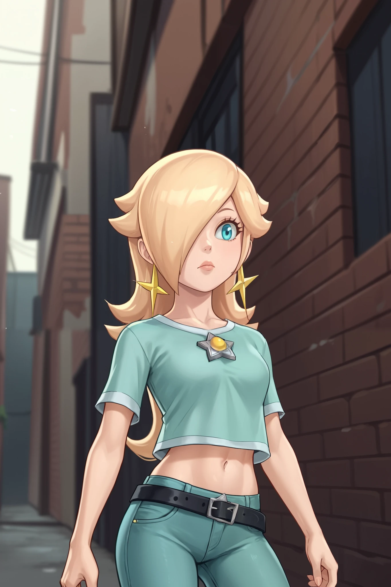 score_9, score_8_up, score_7_up, source_anime, rosalina, blonde hair, blue eyes, hair over one eye, long hair, star earrings, solo, cowboy shot, black t-shirt, taut clothes, tight shirt, midriff, navel, jeans, black belt, closed mouth, sauntering, looking left, dark alley, night