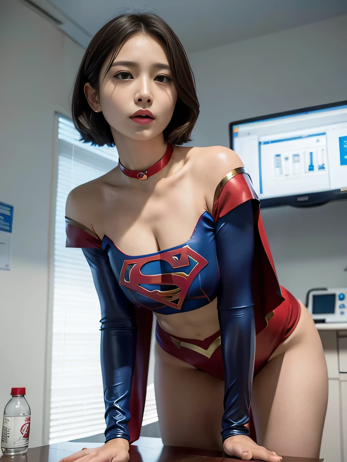 masterpiece,Supergirl Costume, short-hair, bare-legged, large full breasts,surgery room、Operating table、straddle、depraved、shiny、Looking at the camera、seduces、a choker、a smile