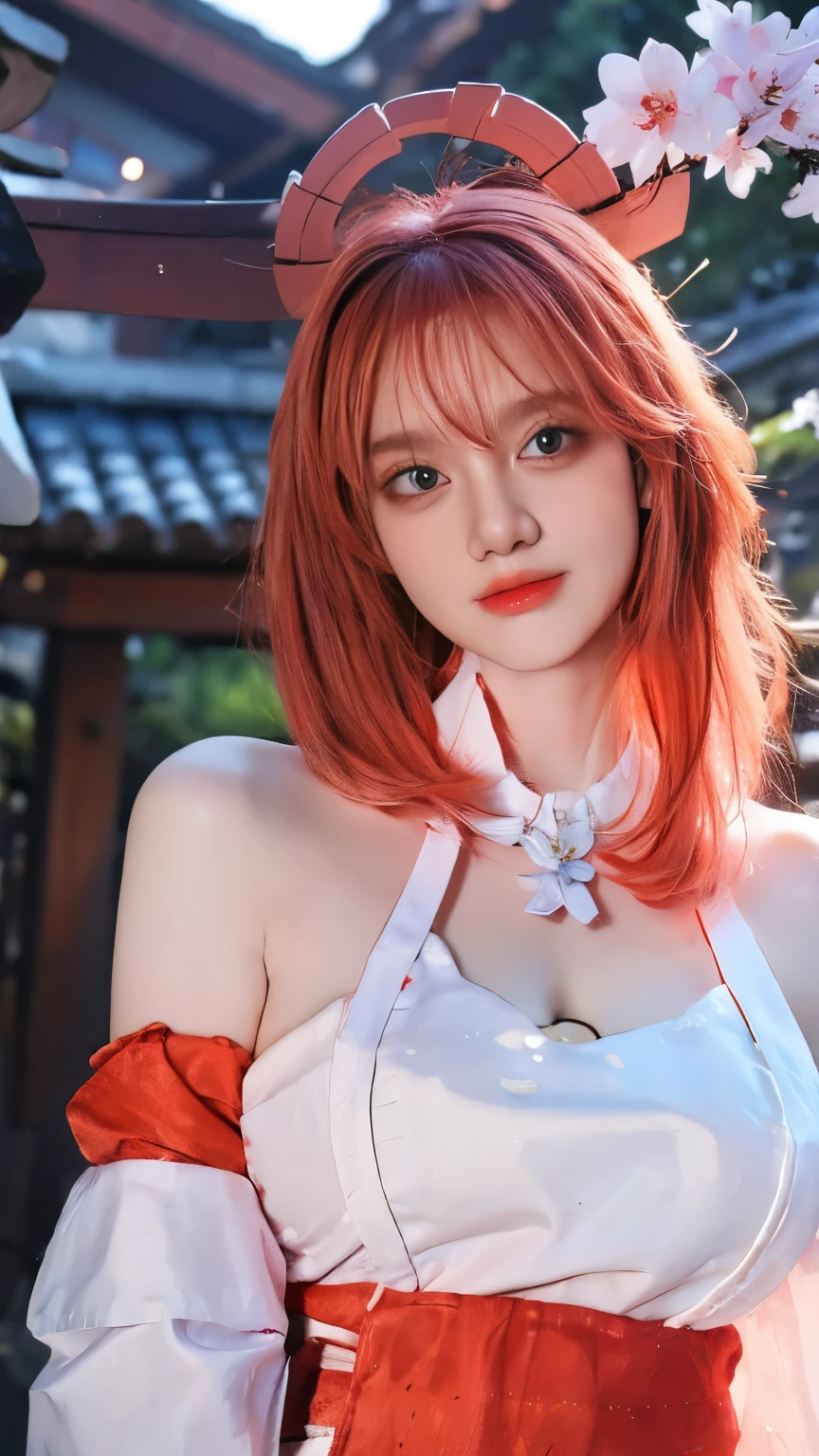 1girl, (ulzzang-6500:0.7), kpop idol, yae miko, detached sleeves, bare shoulders, pink hair, long hair, japanese clothes, best quality, (painting:1.5), (hair ornament:1.35), jewelry, purple eyes, earrings, breasts, torii,  cherry blossoms,  lantern light, depth of field, detailed face, ribbon_trim, (looking at viewer:1.25), nontraditional miko, shiny skin, long sleeves, smile, thick lips, game cg, hands on lips, east asian, standing, (huge breasts:1.2),(cleavage)