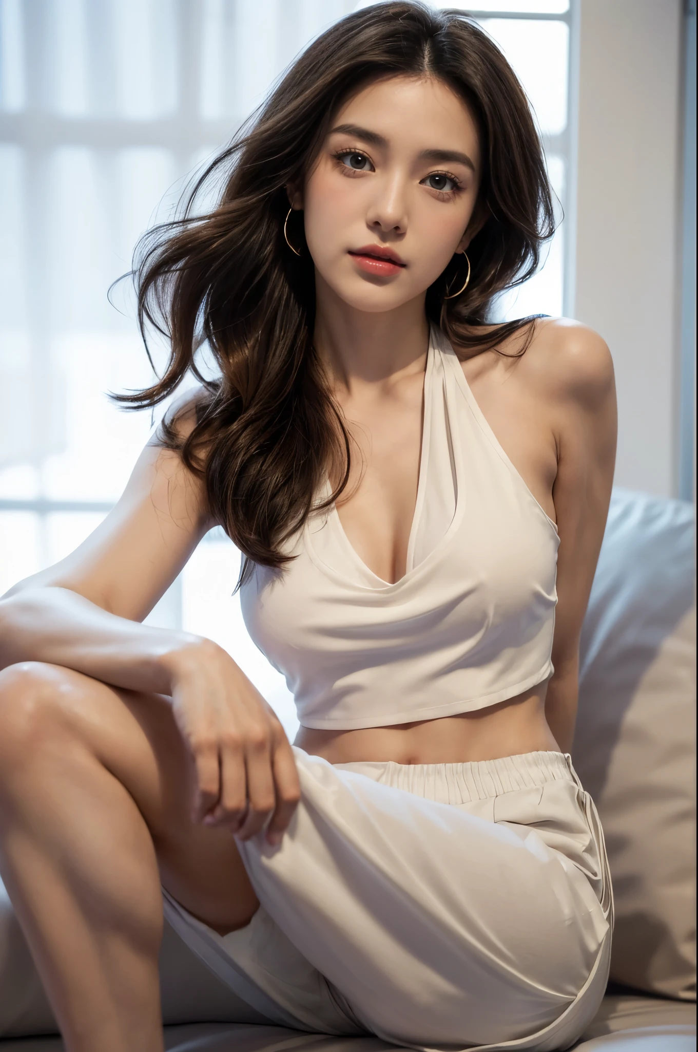 Best image quality, Masterpiece Level, Ultra-high resolution, realism, Fantasy theme, Chest close-up, A girl, Disappearing transparent pants,Get detailed interior lighting and illumination, Increase overall ambient light detail, Face and eye details, Improve Face Detail realism, Sharp focus, Sobbing, Mouthpiece, frown, Bright Eyes, Simple background, Sony Master Lens.