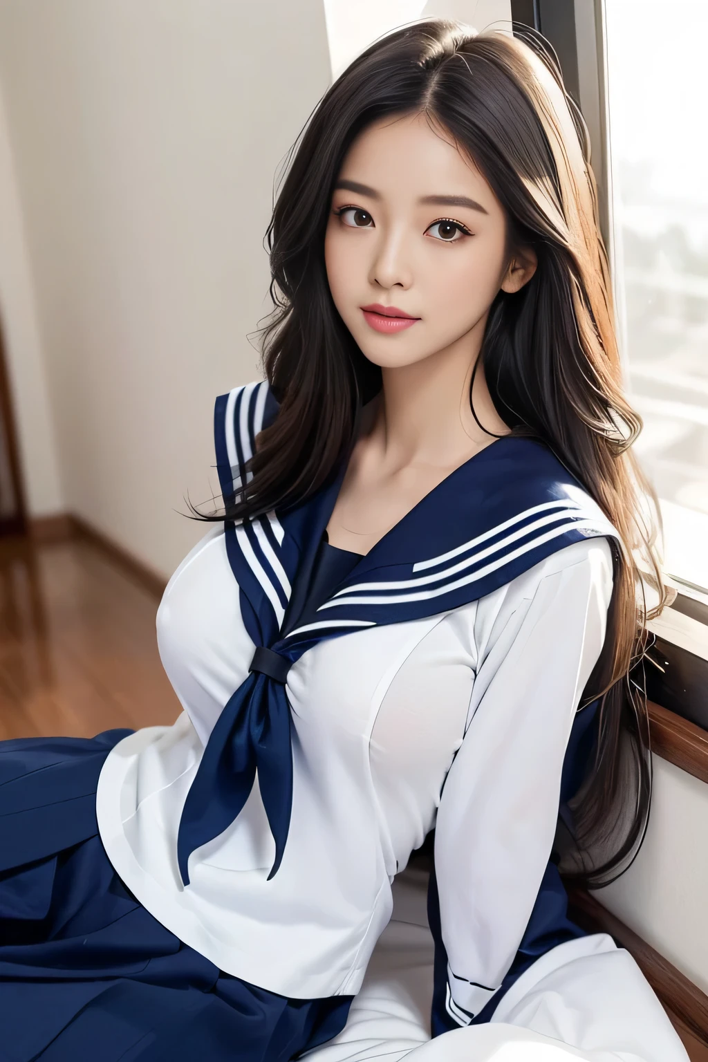 ((Night Scene, Realistic Light, Best Quality, 8k, Masterpiece: 1.3)), 1 Girl, Slender Beauty: 1.4, (Brown Hair, Big: 1.45), Asian Woman Posing in Bed, Ultra Detailed Face, Detailed Eyes, Double Eyelids, Photo Pink Skirt and White Shirt, Japan Girl Uniform, Loose Collar Sailor Suit, Sakimi-chan, Amazing School Uniform, White Japan Costume, Urzan, wearing a school uniform of Japan, stylish white tights suit, beautiful, charming, extremely beautiful, close-up of face, legs spread, open legs,