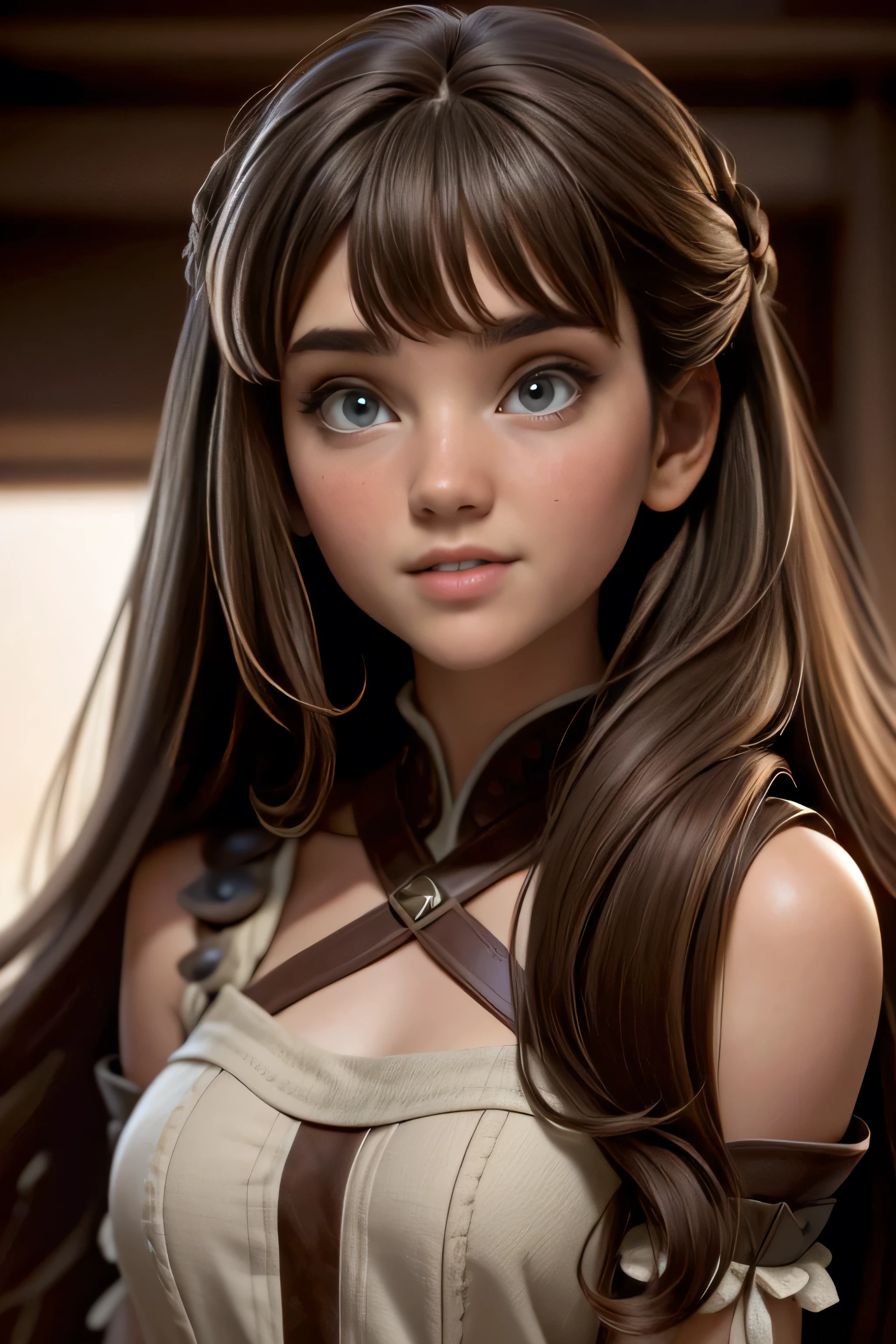 Medieval girl ,  long hair,  color honey brown with bangs and half-curled ends, grey eyes,  expression of happiness ,  Natural lighting,  ultra resolution ,  plain white background , without patterns, No textures.