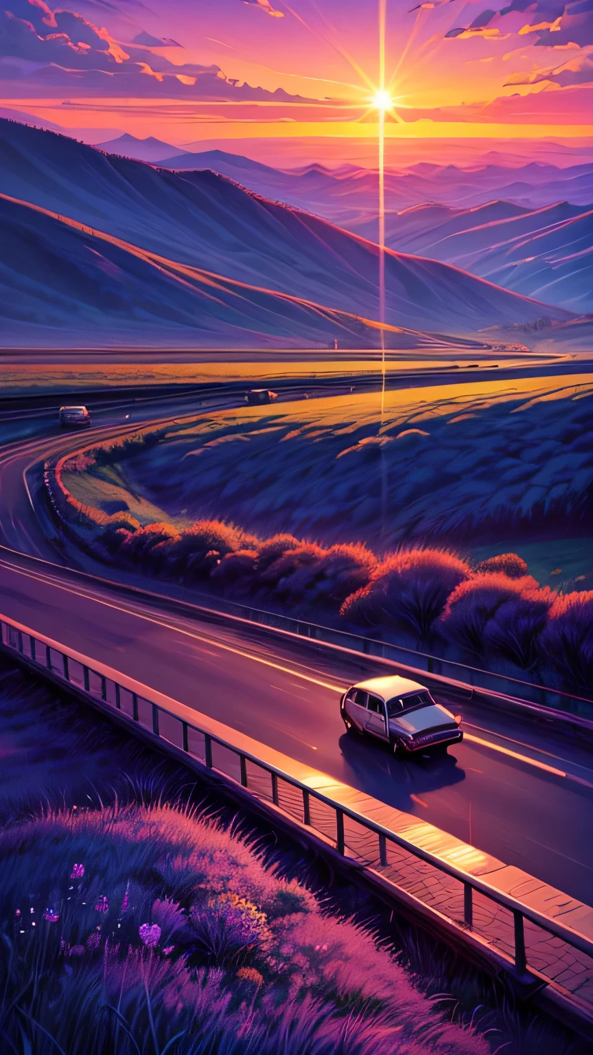 Picture a classic VW Kombi cruising down a perfectly straight highway towards a stunning horizon. The van’s retro design and polished exterior gleam in the soft glow of the setting sun. The road is lined with rolling hills and colorful wildflowers, creating a charming and inviting path.
Above, the sky is painted with deep oranges, pinks, and purples as the sun sets. Wispy clouds catch the fading light, adding a touch of magic to the scene. The Kombi’s engine hums steadily, its iconic shape moving smoothly through the tranquil landscape.
As the Kombi heads towards the radiant horizon, bathed in golden light, the scene captures the spirit of adventure and the timeless appeal of the open road."