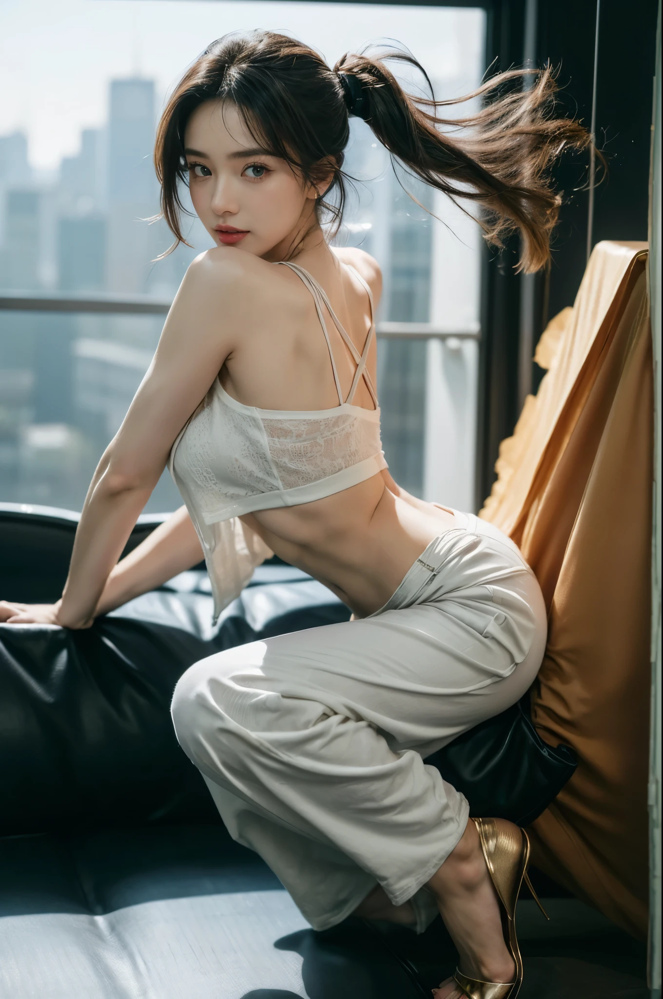 MagazineCover,virginKillerSweater, Side chest, (Sleeveless:1.2), cleavage_cutout,Bare back,From the side